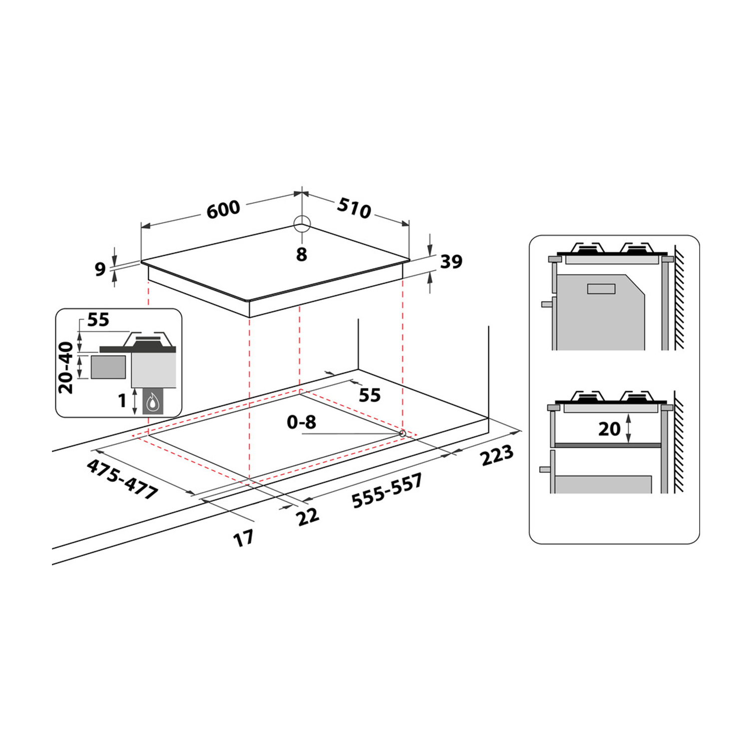 Diagramma di un piano cottura con misure e dimensioni di taglio. Bianco e nero.
