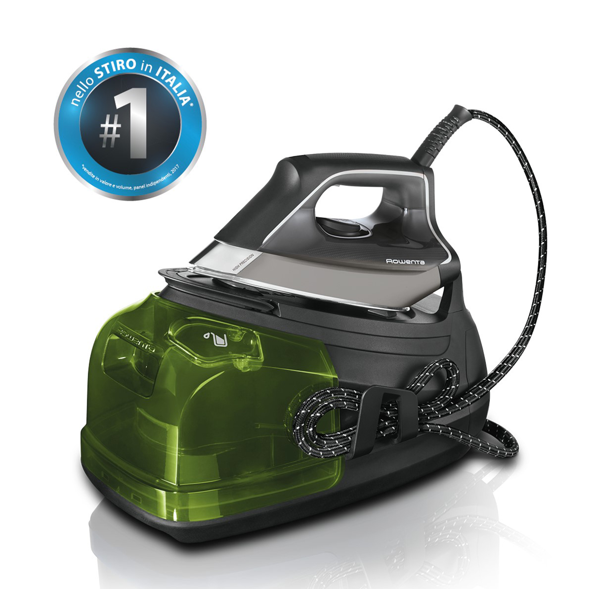 Ferro da stiro con serbatoio dell'acqua verde. Presenta un adesivo #1 e un design nero e argento.
