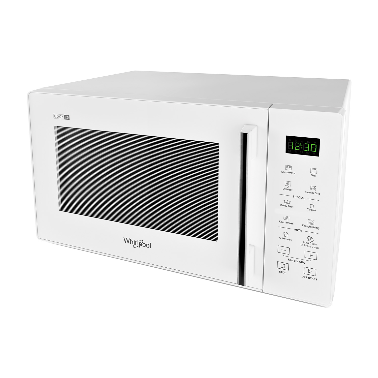 Un forno a microonde Whirlpool bianco con maniglia nera e display digitale. È su una superficie bianca.