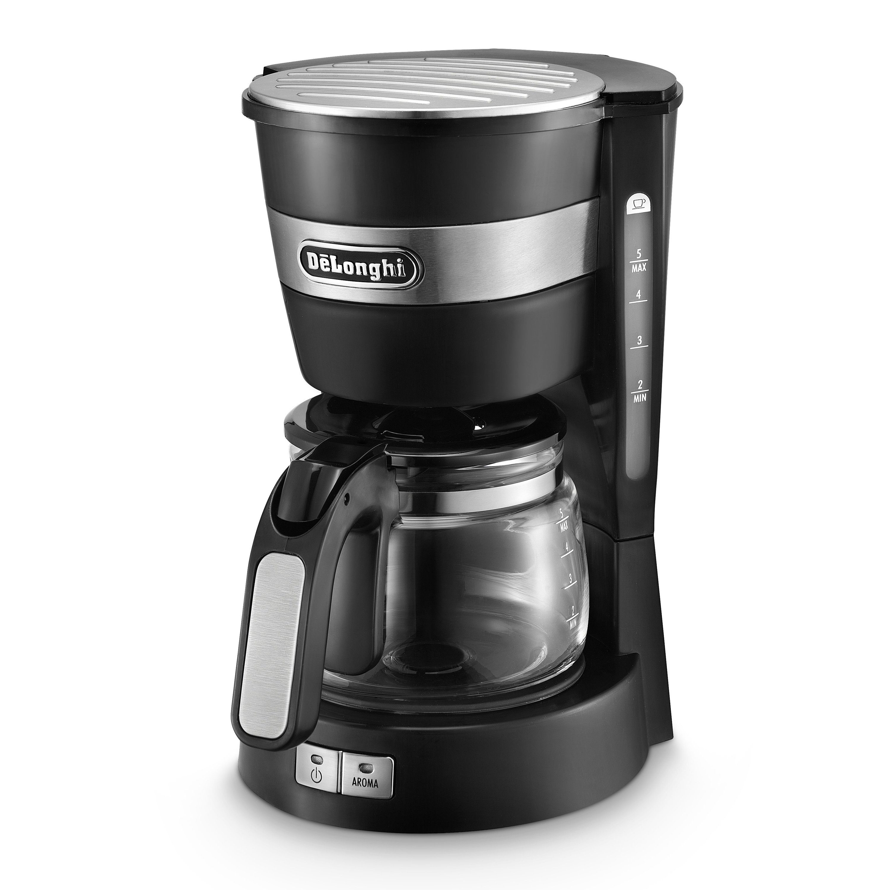 Macchina per caffè nera con caraffa in vetro e indicatore del livello dell'acqua.