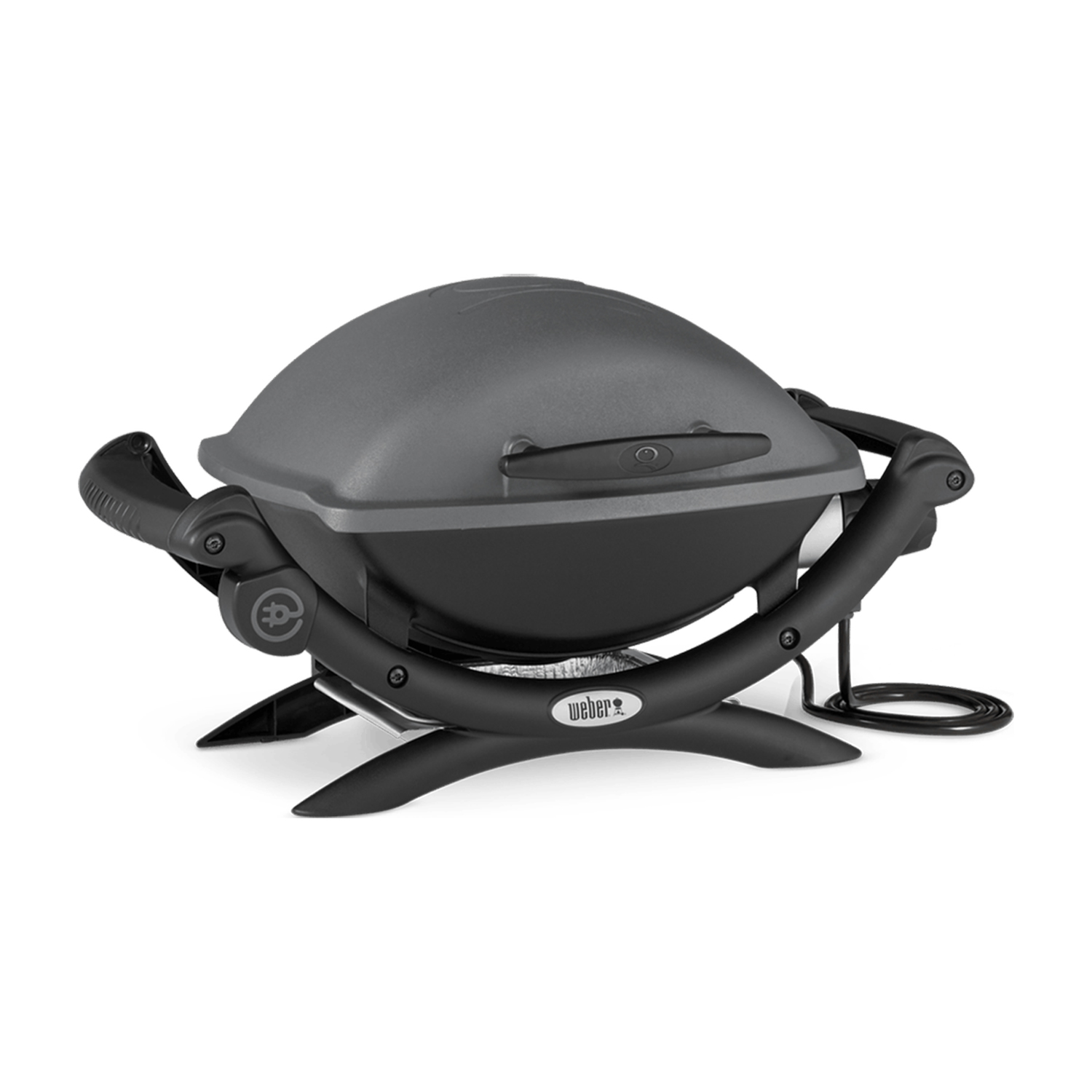 Una griglia Weber nera e grigia con maniglia e gambe curve.