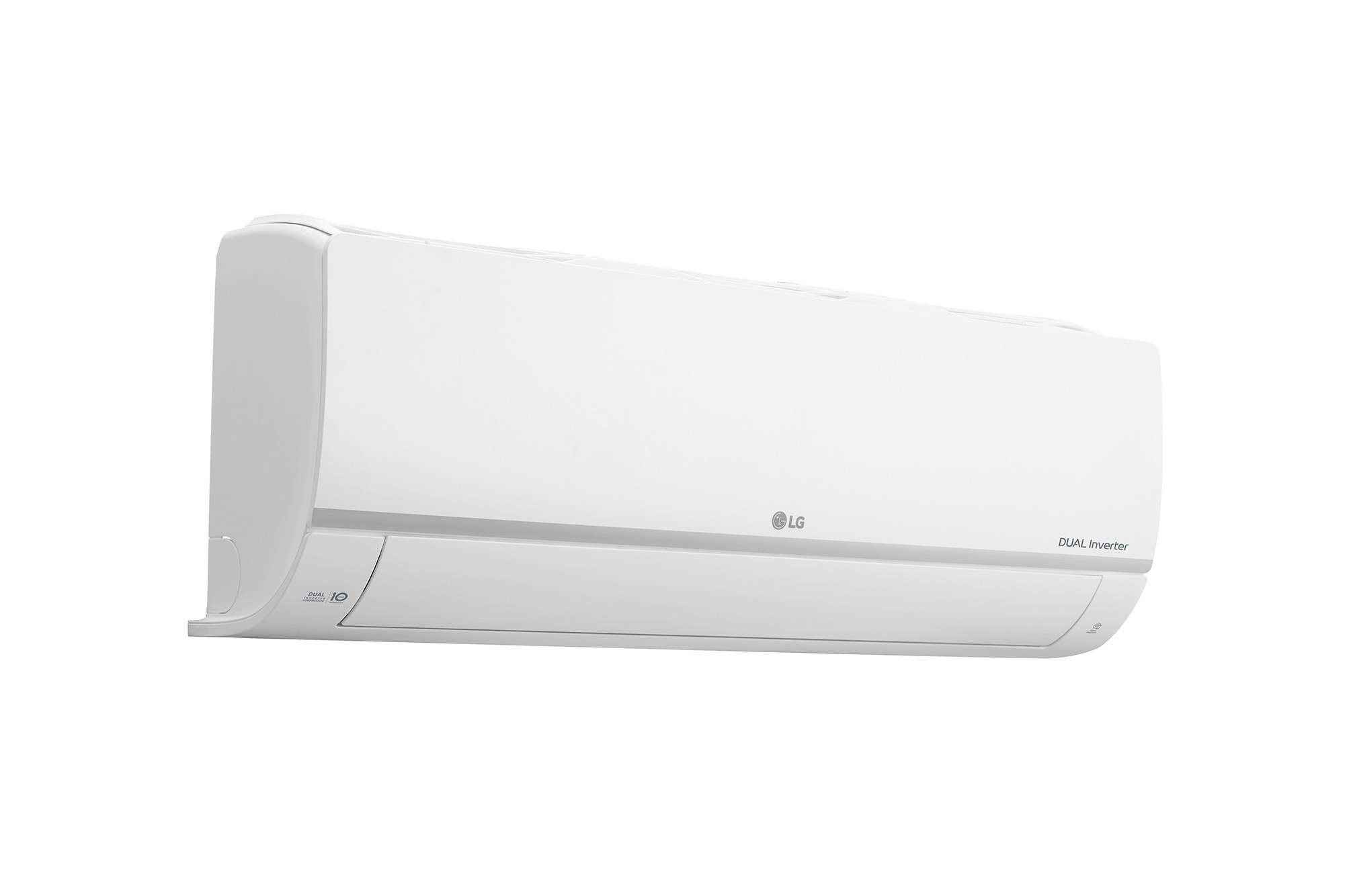 Beyaz bir arka plan üzerinde beyaz klima. Çift ​​Inverter'lı LG markası.