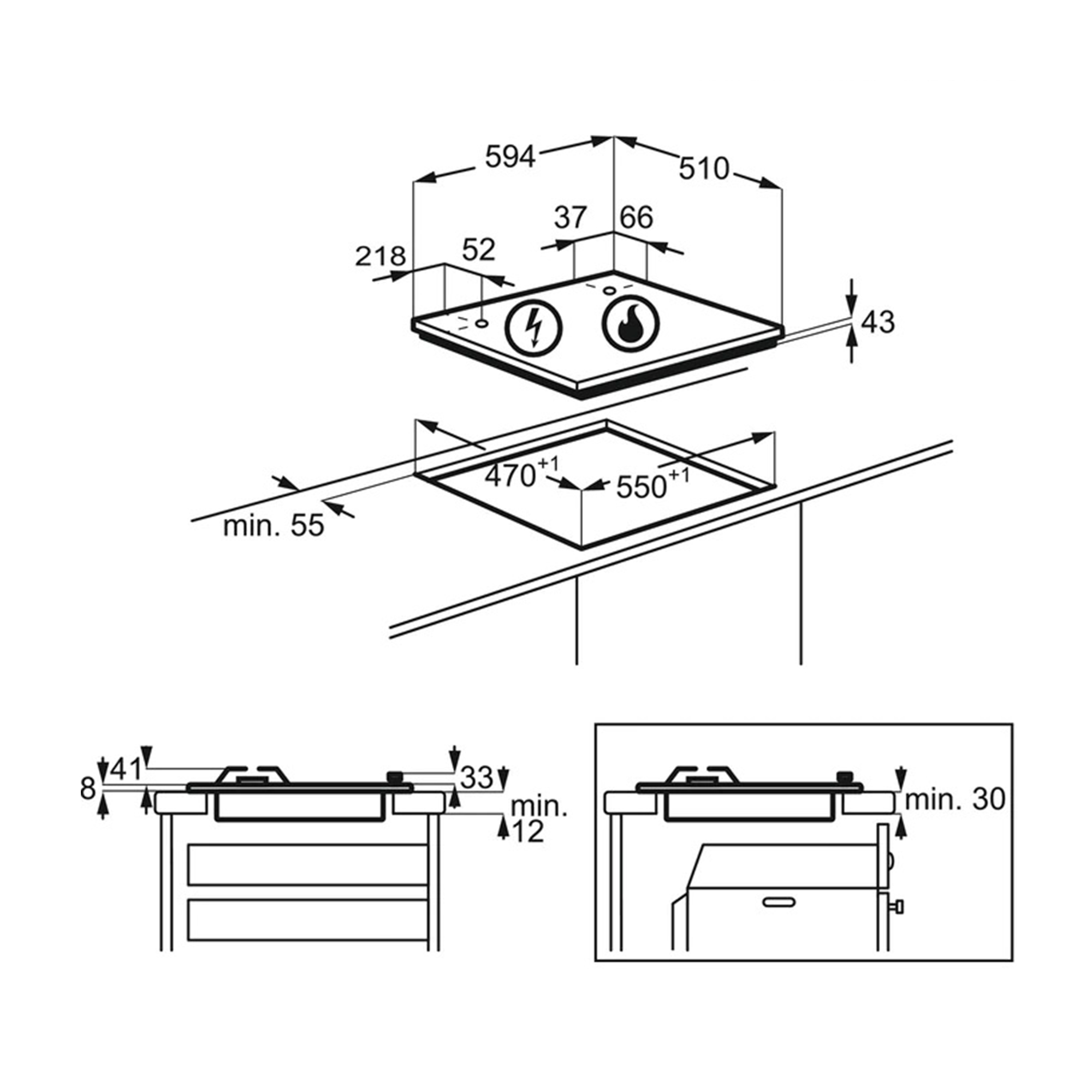 Schema di un piano cottura con dimensioni. Il piano cottura è nero con bruciatori circolari e misure.