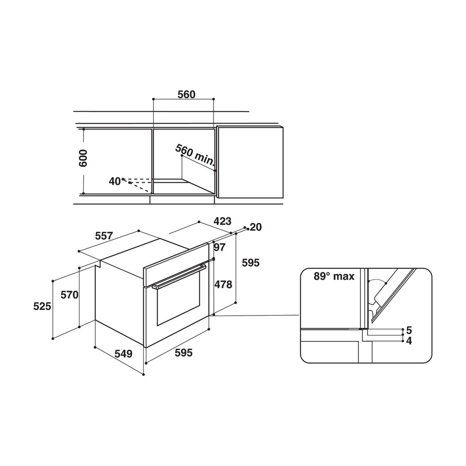 Schema di un forno. Mostra le dimensioni e un primo piano del bordo.