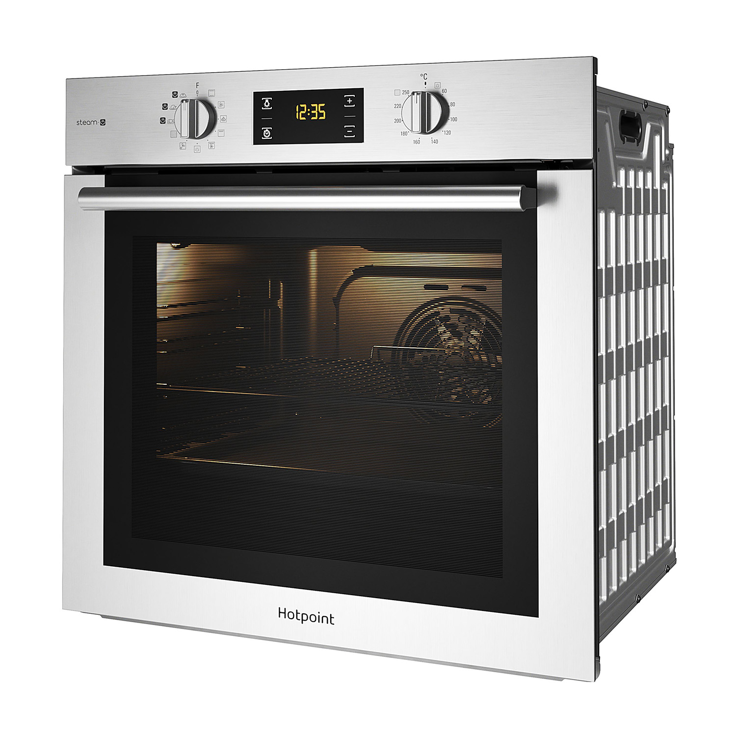 Forno argento e nero con display digitale e vista interna.