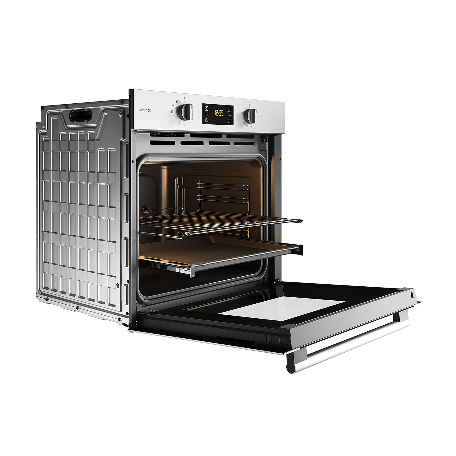 Un forno a incasso con la porta aperta, che mostra griglie e una teglia.