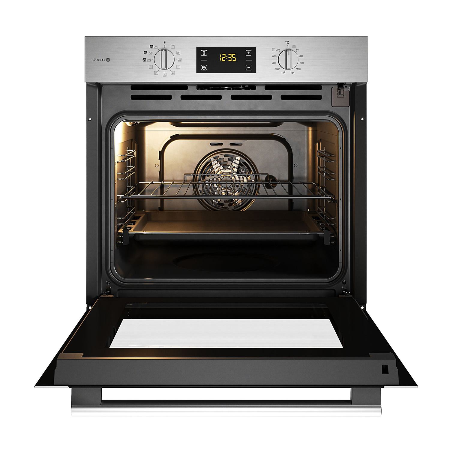 Forno con porta aperta, interno visibile, con ventola e vassoio.