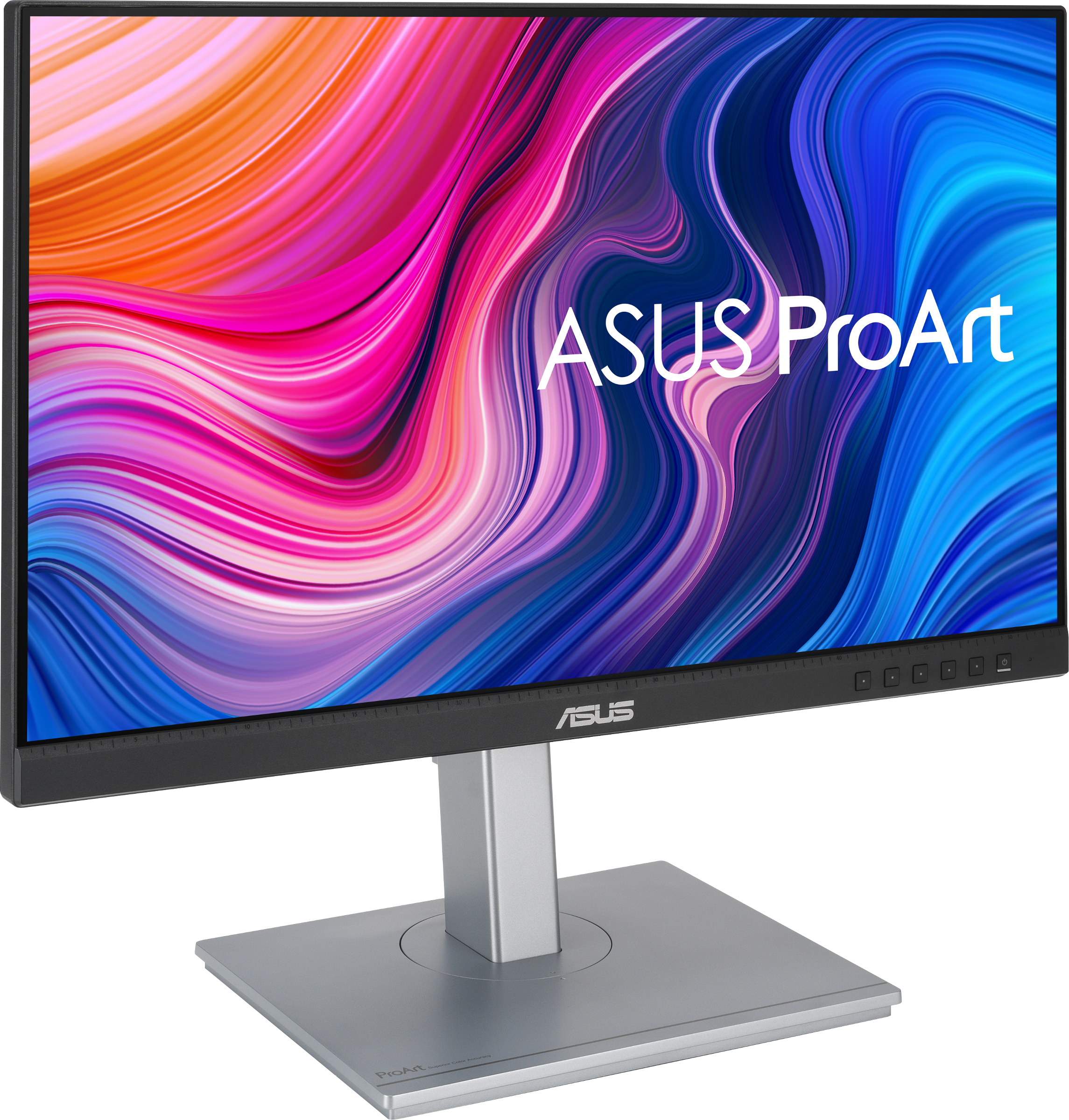 Ein ASUS ProArt Monitor mit buntem, abstrakten Hintergrund.