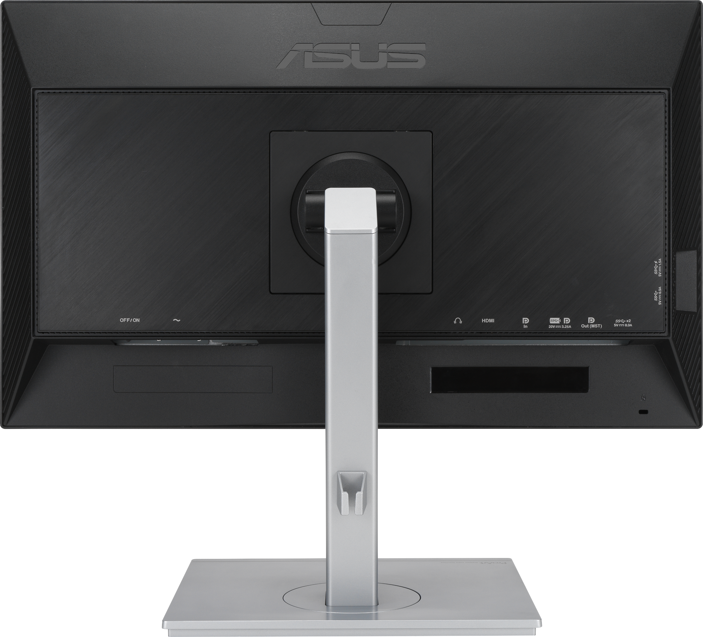 Rückseite eines Computermonitors mit Anschlüssen, Ständer und dem ASUS-Logo.
