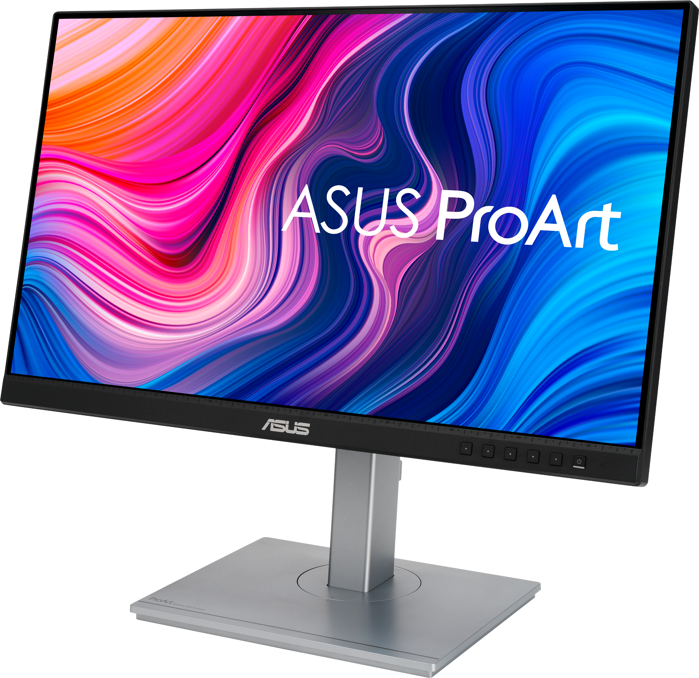 ASUS ProArt Monitor mit farbenfroher Anzeige. Silberner Standfuß, schwarzer Rahmen.