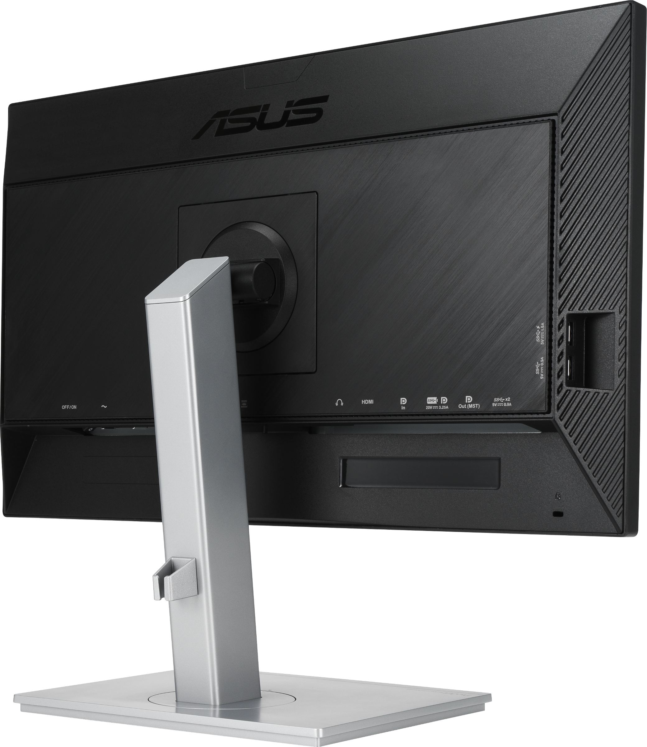 Rückseite eines schwarzen Monitors mit silbernem Ständer, Anschlüssen und ASUS-Logo.