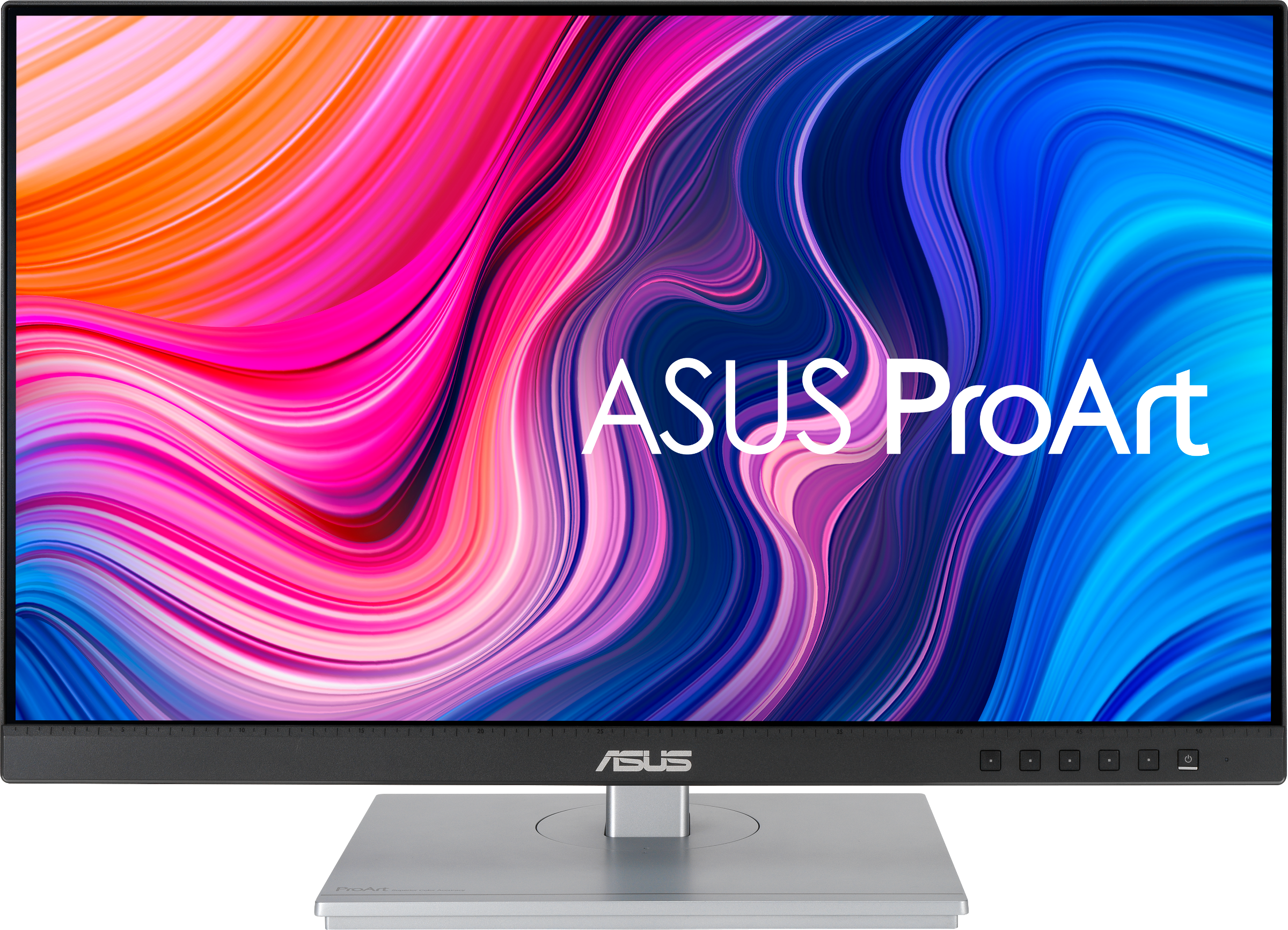 Asus ProArt Monitor mit farbenfrohem Bildschirm, schwarzem Rahmen und silbernem Fuß.