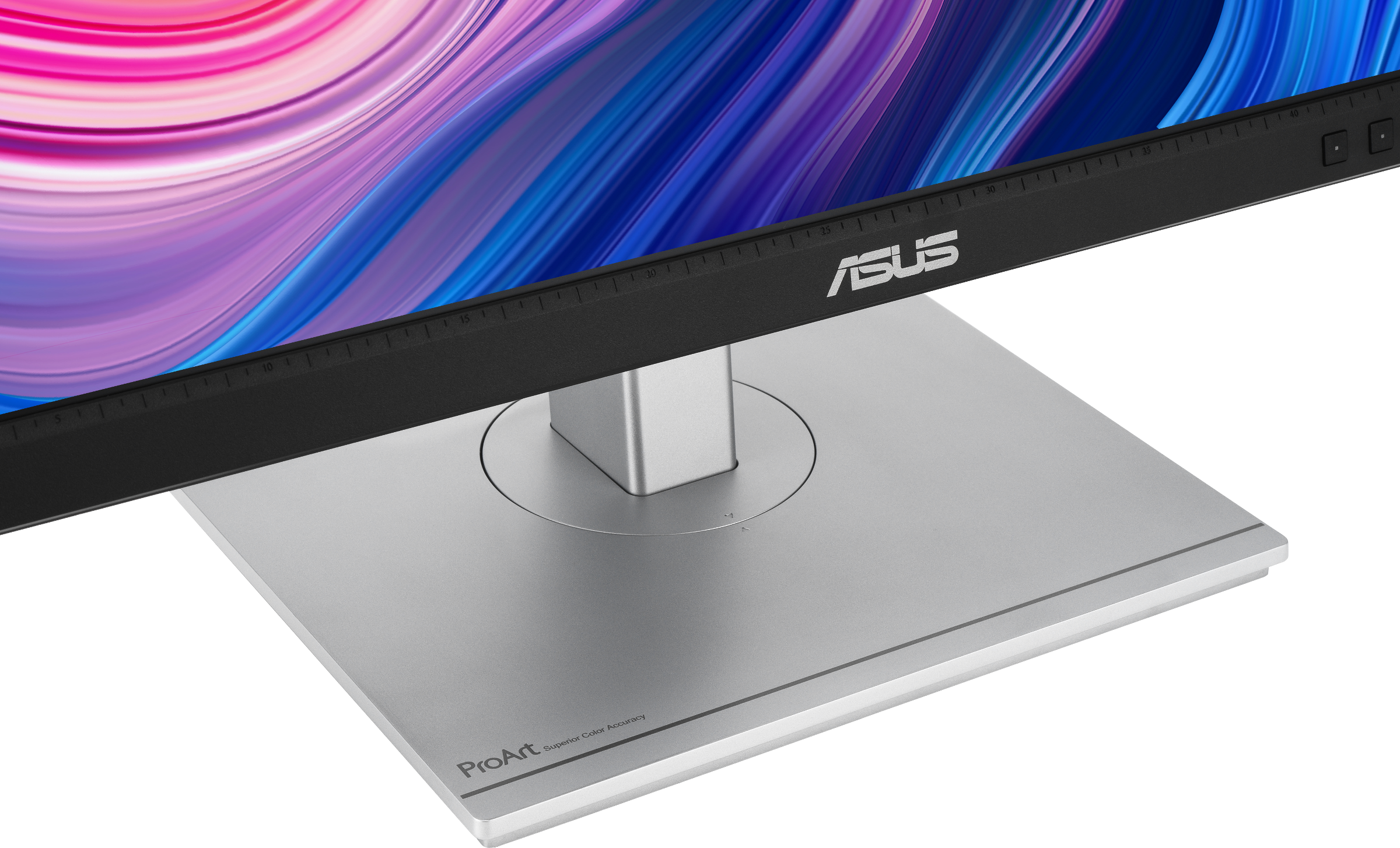 Silberner Monitorständer mit ASUS-Logo, schwarzer Bildschirm mit farbenfrohem Hintergrund.