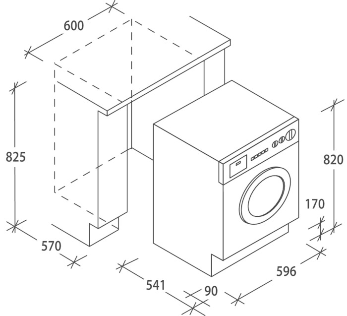 Eine Illustration, die die Abmessungen einer Waschmaschine und eines Schranks darüber zeigt, mit Maßangaben in Millimetern.