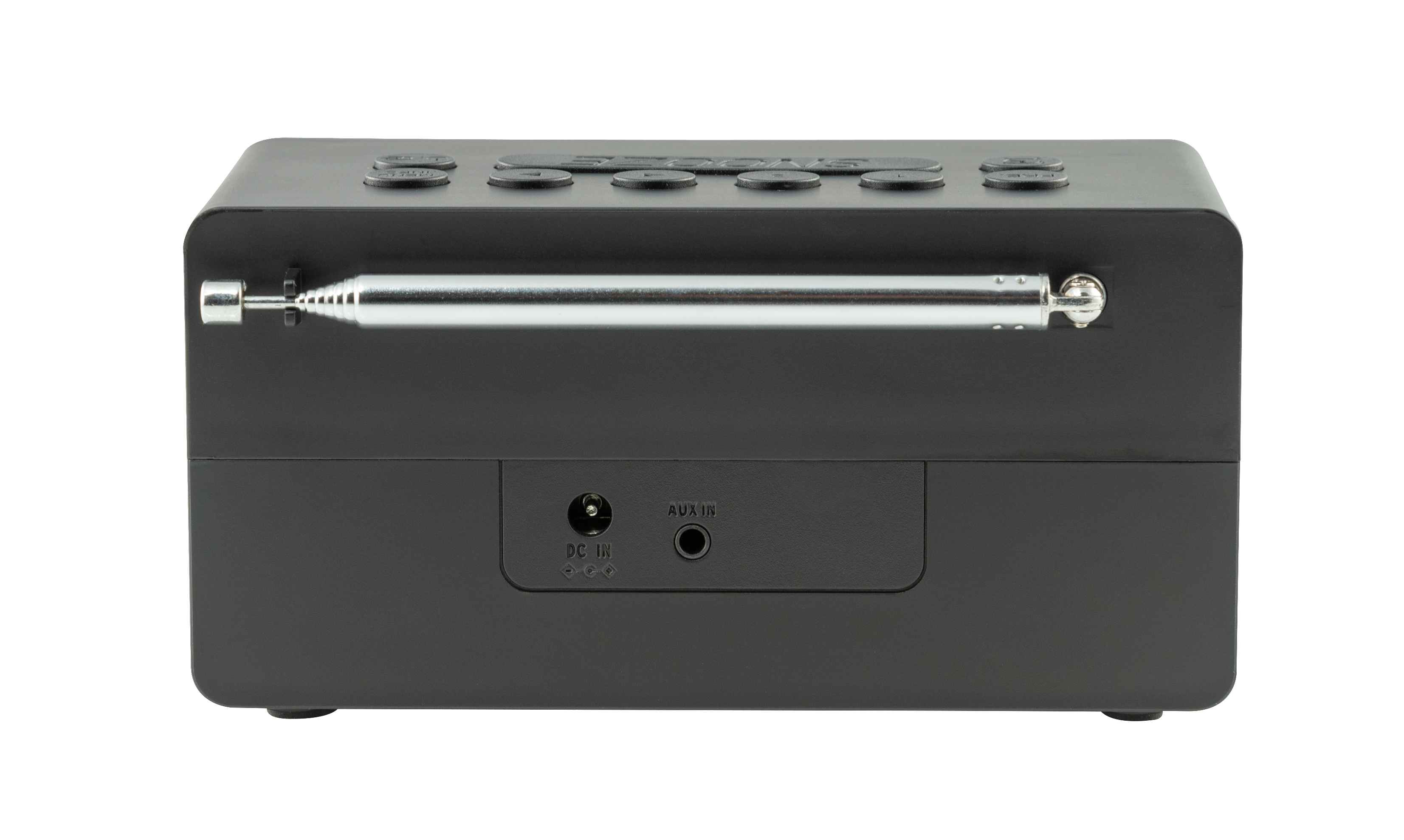 Ein schwarzes Radio mit Antenne, Knöpfen und einem Aux-Eingang.