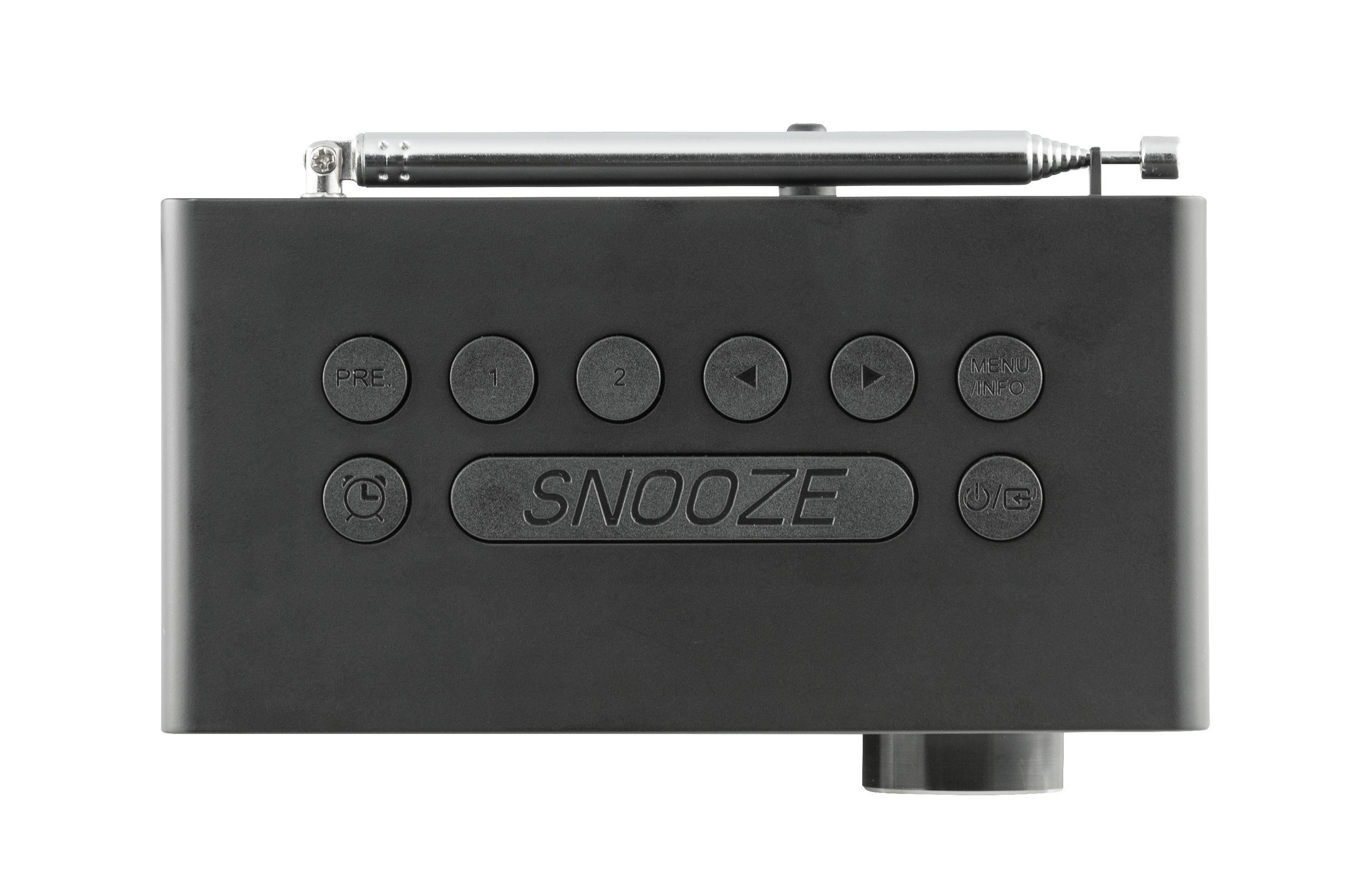 Nahaufnahme eines schwarzen Radios mit Tasten 'PRE', 'SNOOZE' usw. Silberne Antenne oben.