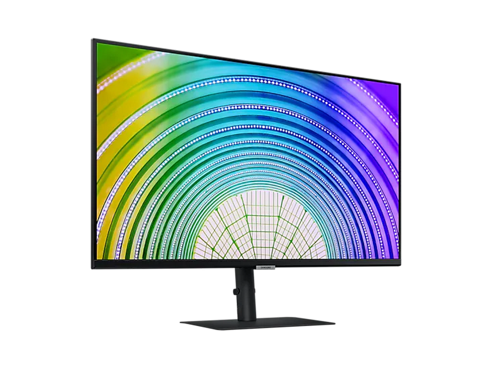 Monitor con fondo arcoíris, marco y soporte negros, sobre una superficie blanca.