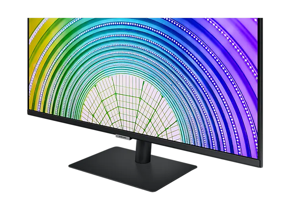 Monitor negro mostrando un patrón de arcoíris sobre una base y soporte negros.