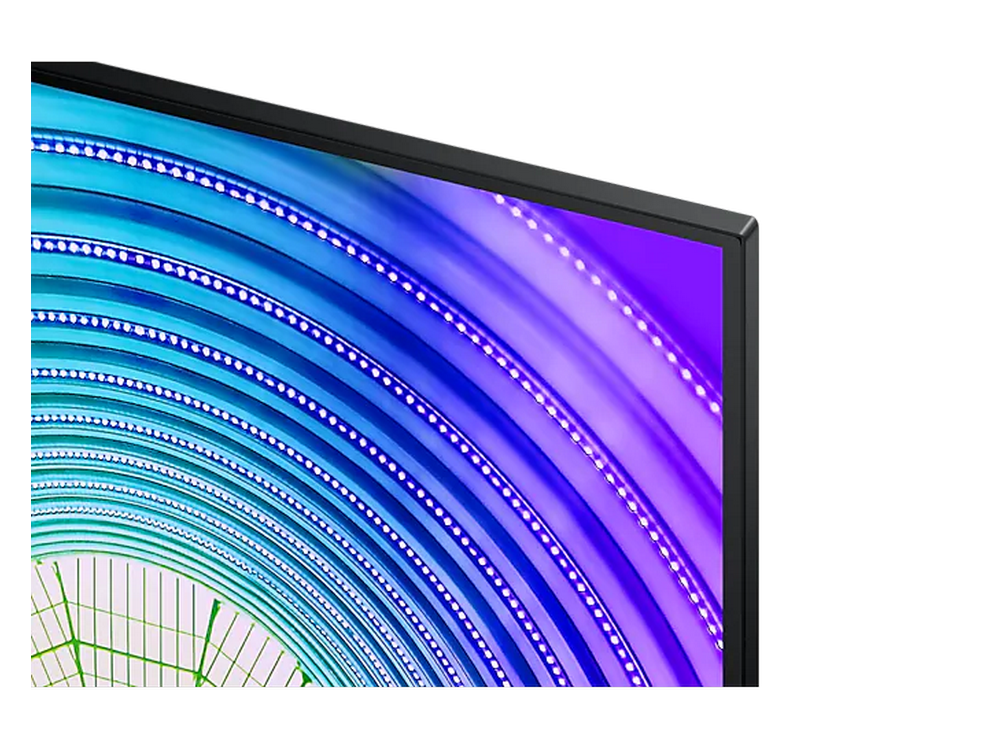 Primer plano de la esquina de una pantalla de TV. La pantalla muestra un degradado de azul, morado y verde, con luces.