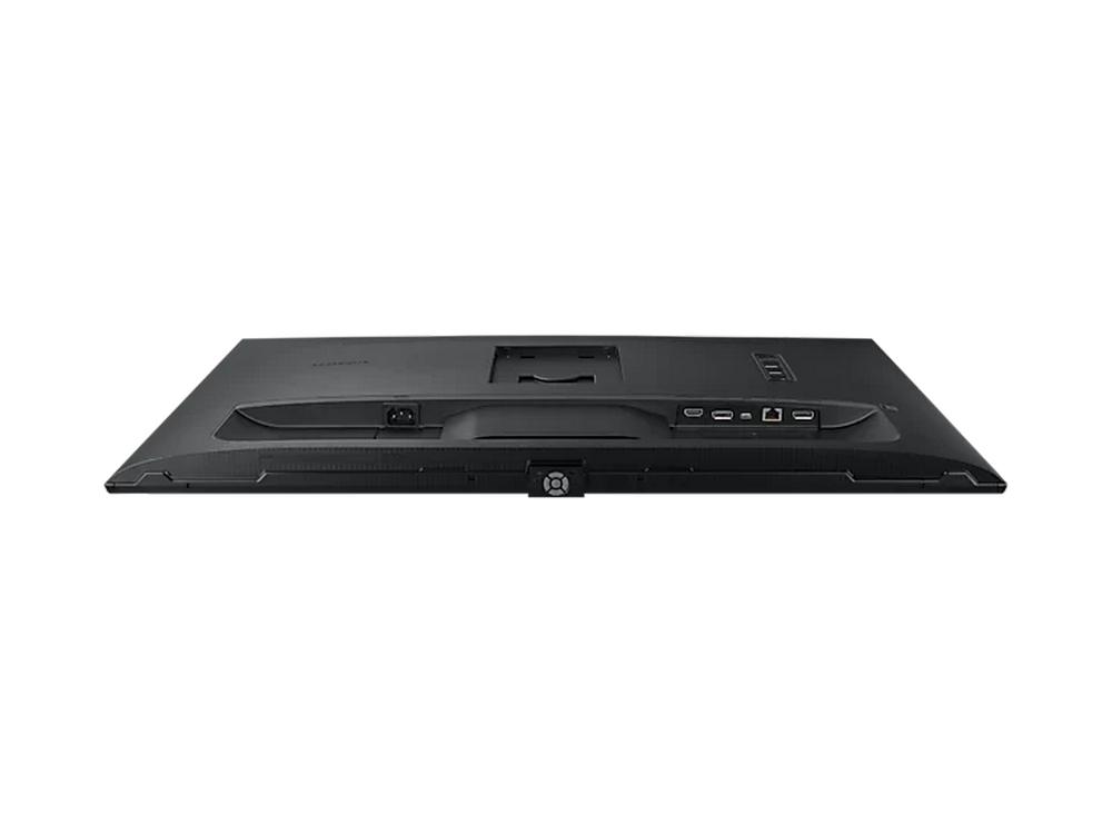 Parte trasera de un monitor negro con varios puertos, incluyendo HDMI y USB-C.