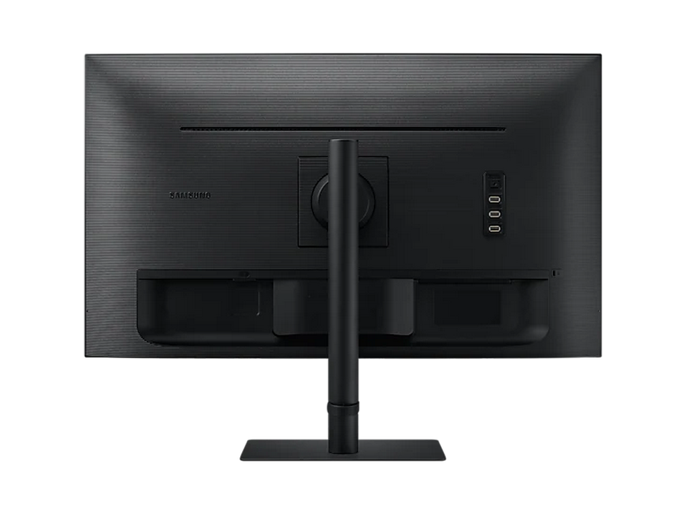 Parte trasera de un monitor Samsung negro. Muestra puertos y soporte.