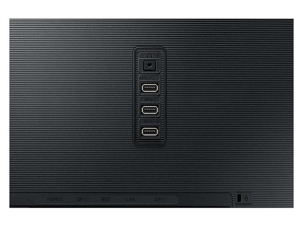 Primer plano de los puertos en la parte trasera de un monitor negro.