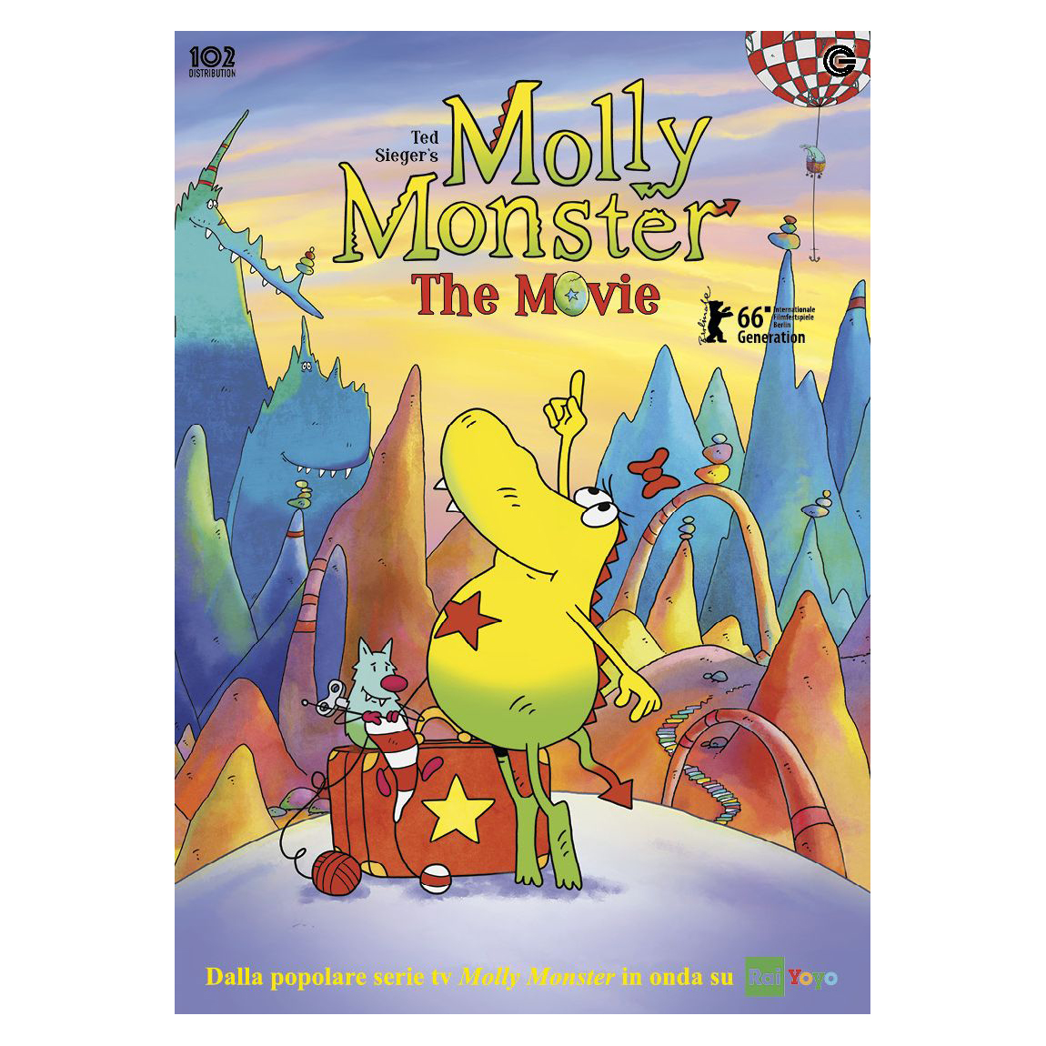 Poster di film d'animazione con mostro giallo, valigia rossa e sfondo colorato.