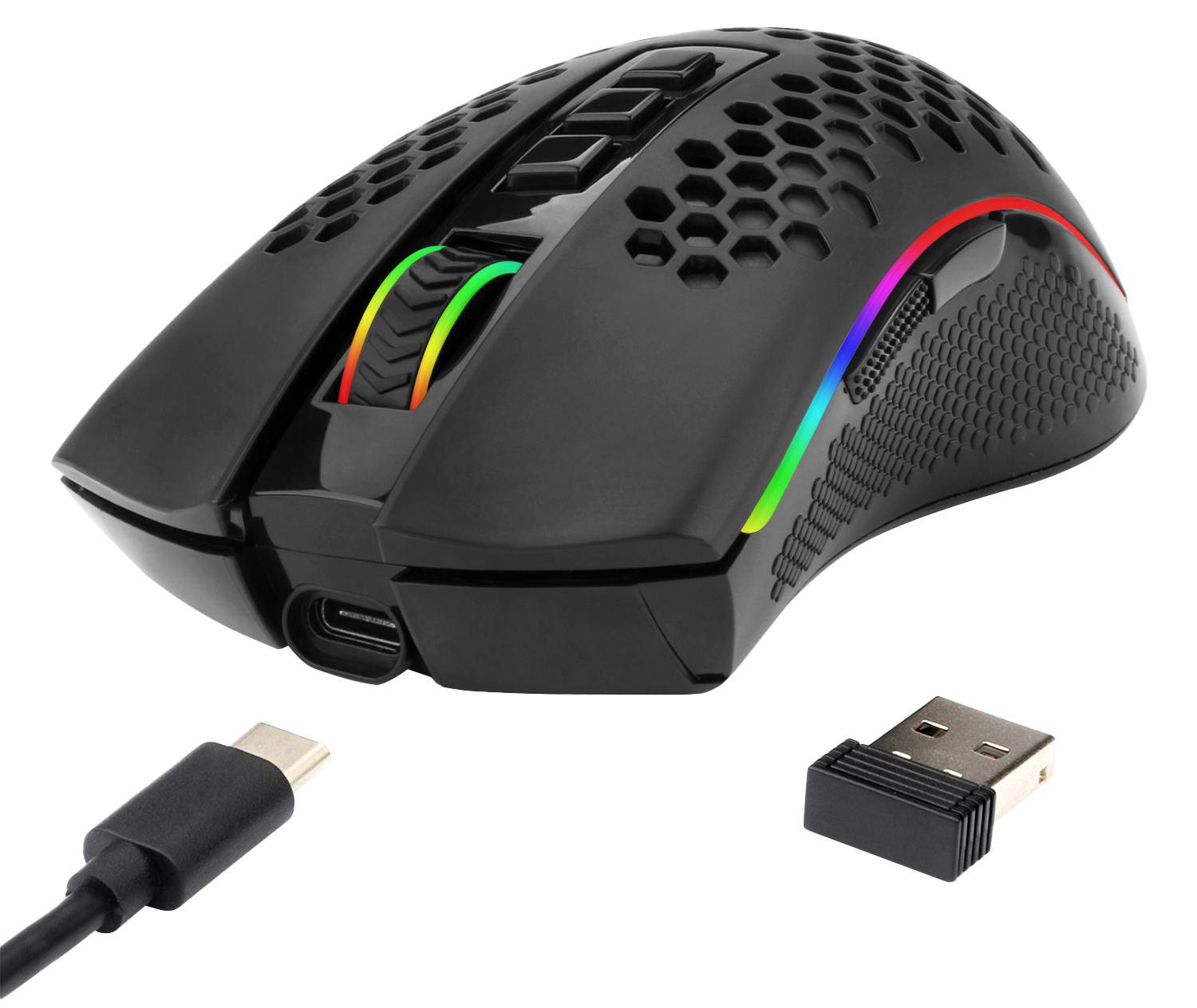 Egy fekete gamer egér színváltó fényekkel, USB-C kábellel és USB vevővel.