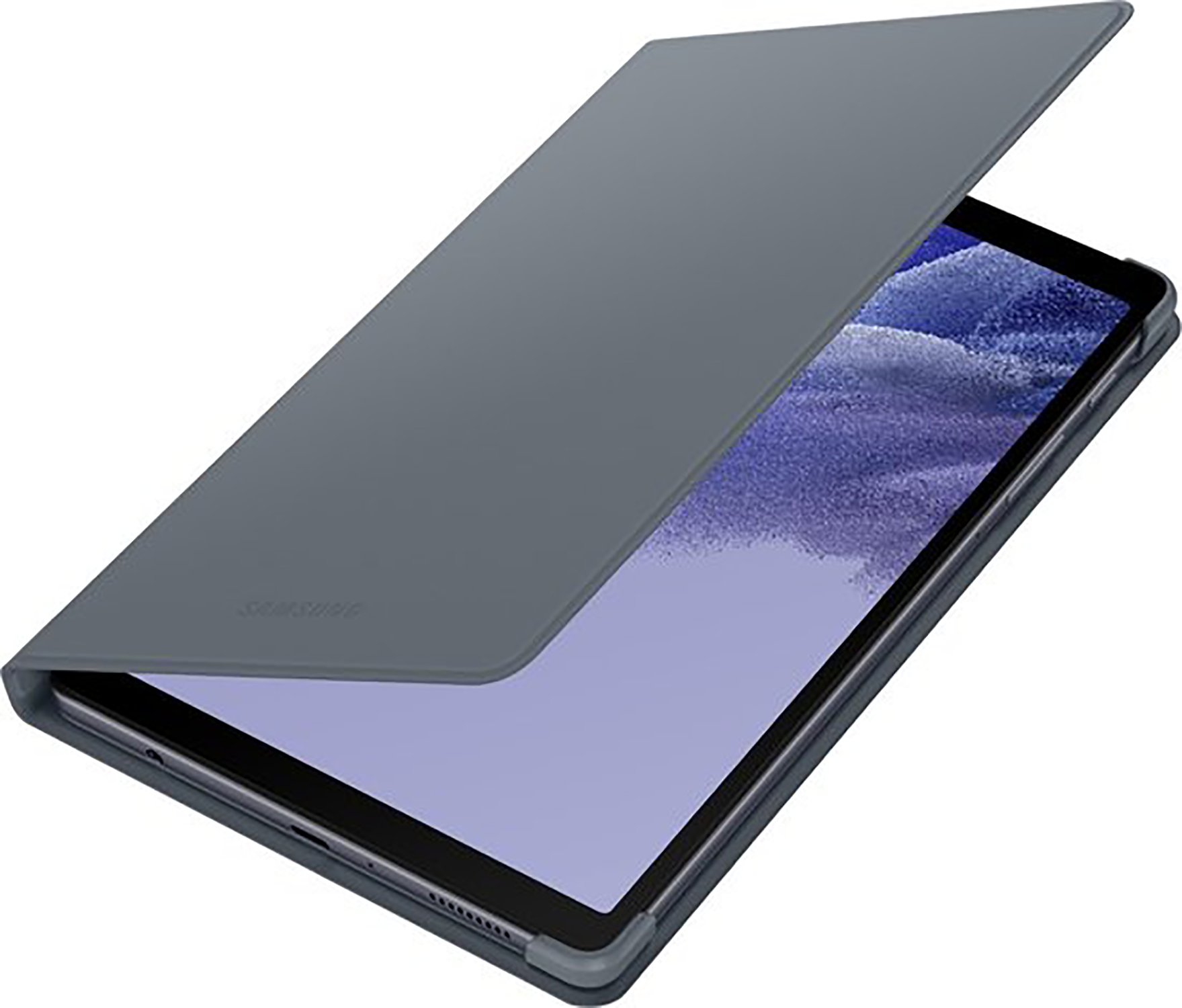 A tablet in a gray case, the cover is partially open.