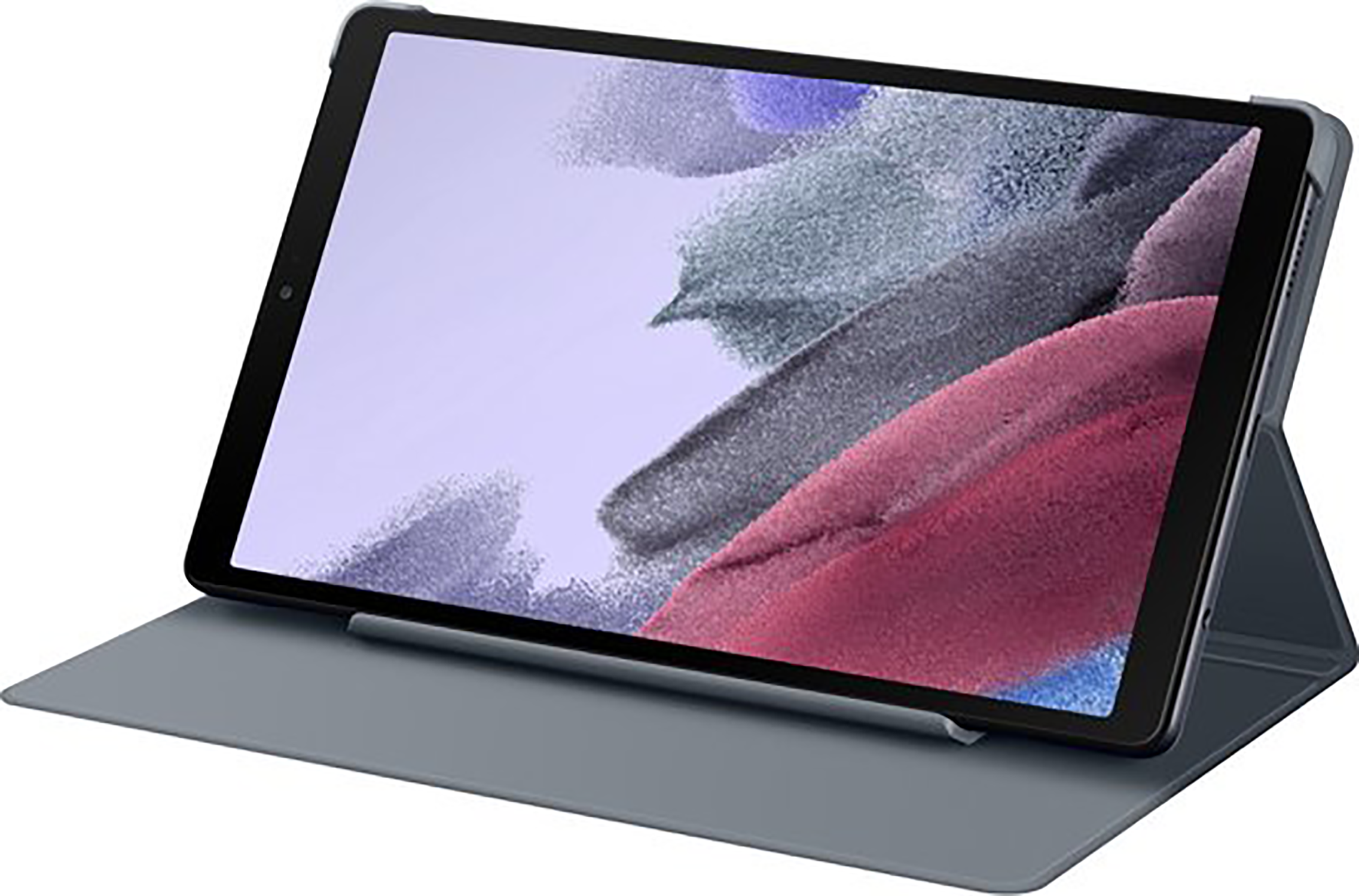 A tablet in a blue case, displayed on a grey stand, angled view.