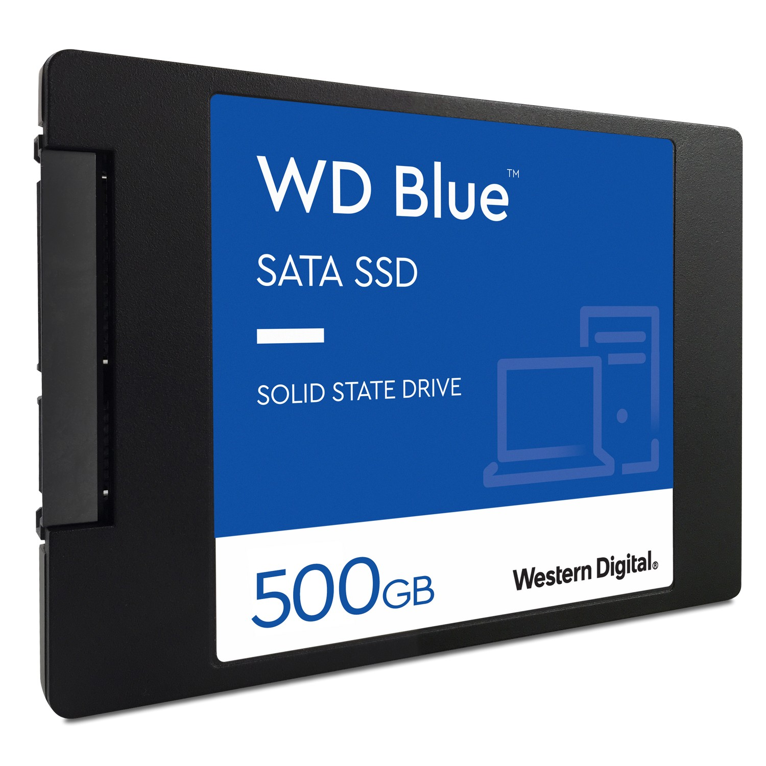 SSD negra con etiqueta azul que dice 'WD Blue SATA SSD 500GB', frente a un fondo blanco.