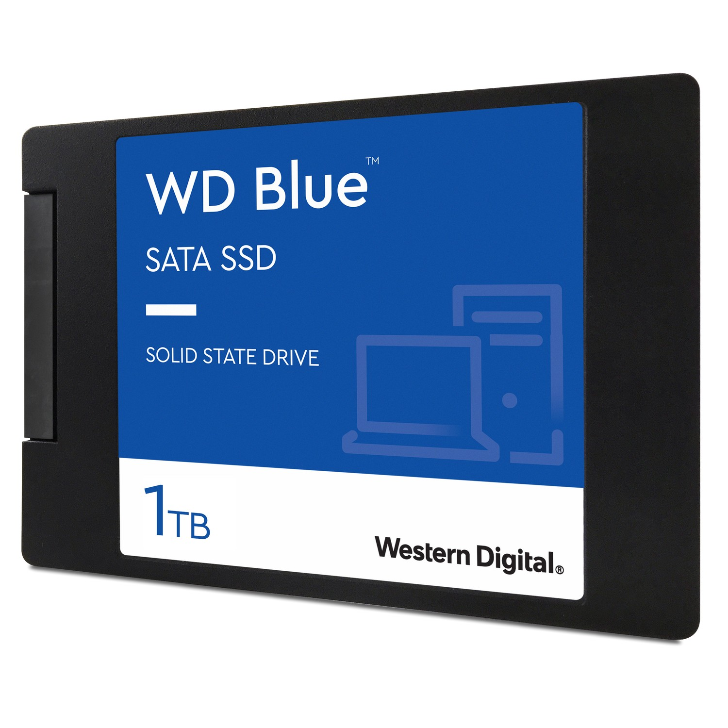 Unidad SSD SATA WD Blue de 1 TB, carcasa negra, con etiqueta azul y texto blanco.