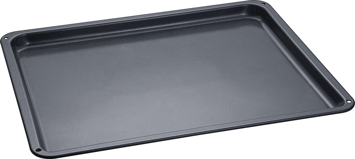 Un plat à pâtisserie rectangulaire gris foncé. Le plat a un bord légèrement surélevé et est vide.