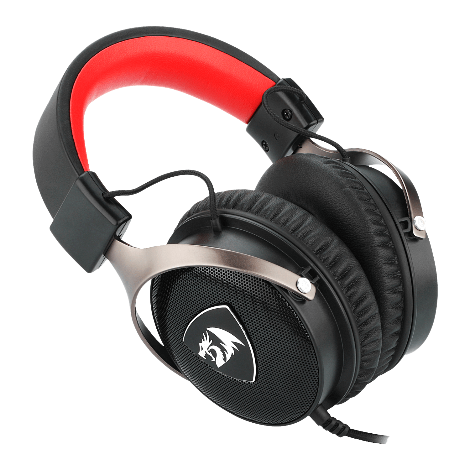 Redragon gaming fejhallgató, fekete piros díszítéssel, sötét háttér előtt.