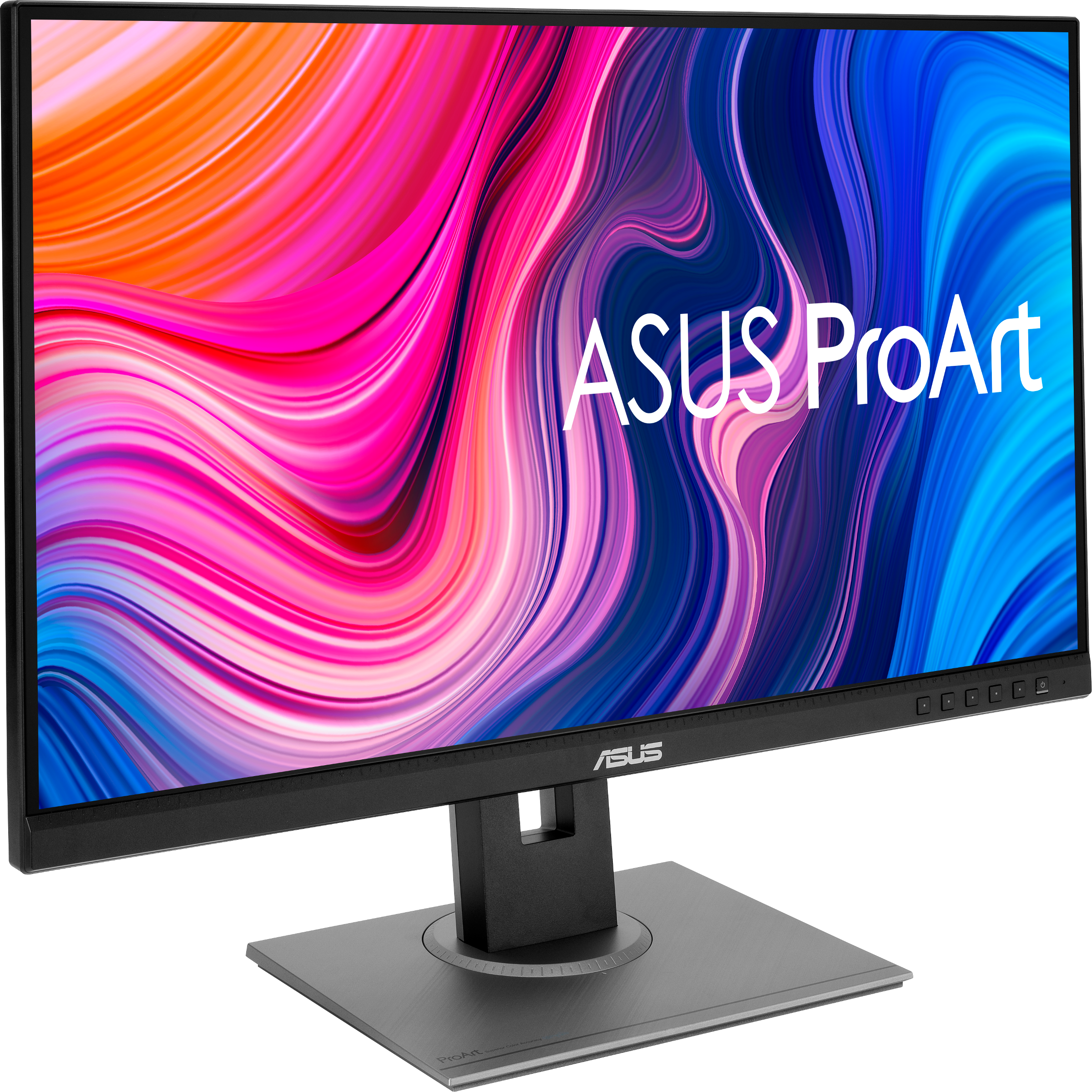 Asus ProArt Monitor mit farbenfrohem Hintergrund. Display hat einen schwarzen Rahmen und Ständer.
