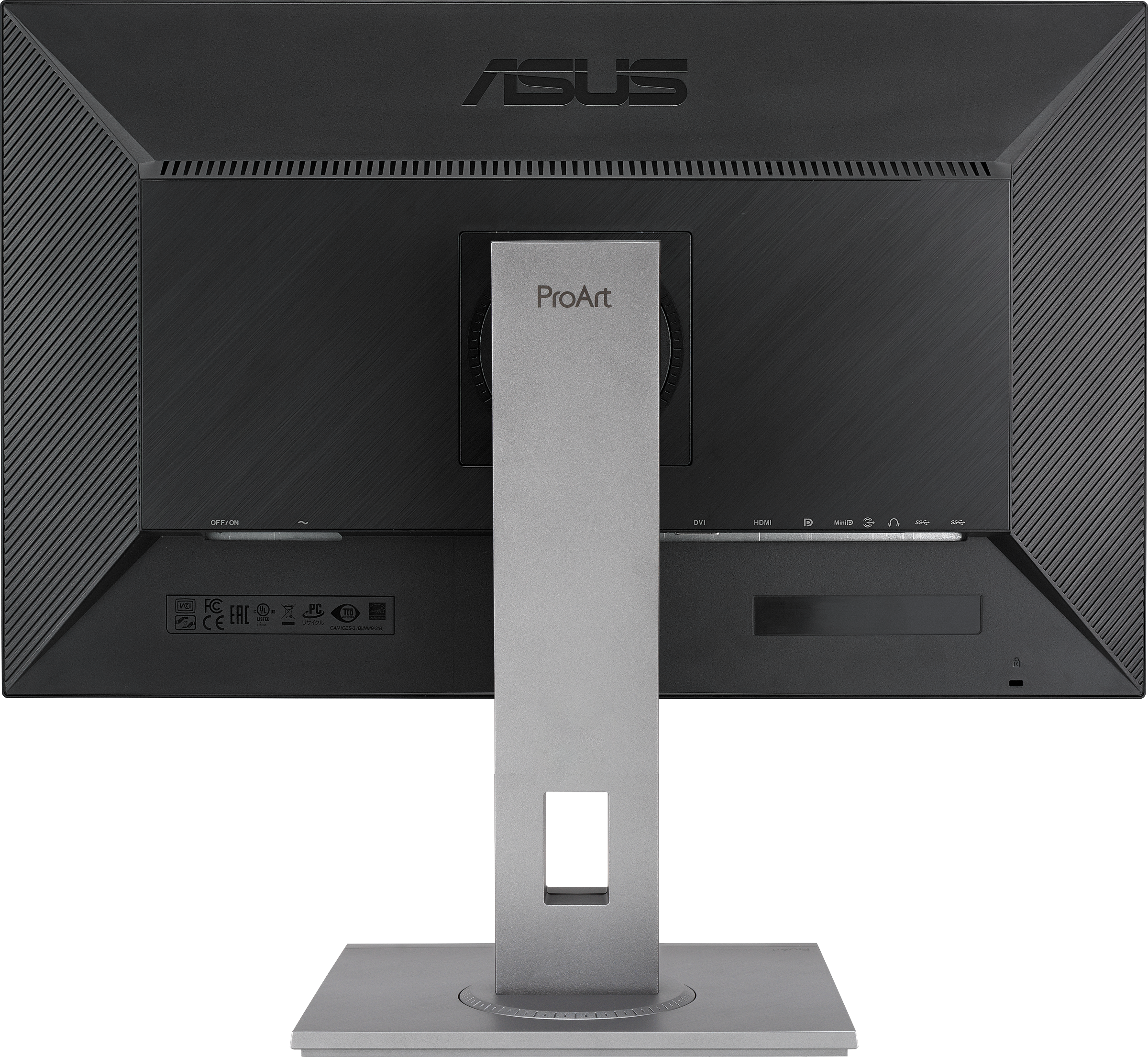 Rückseite eines schwarzen und silbernen Computermonitors mit Ständer und sichtbaren Anschlüssen.