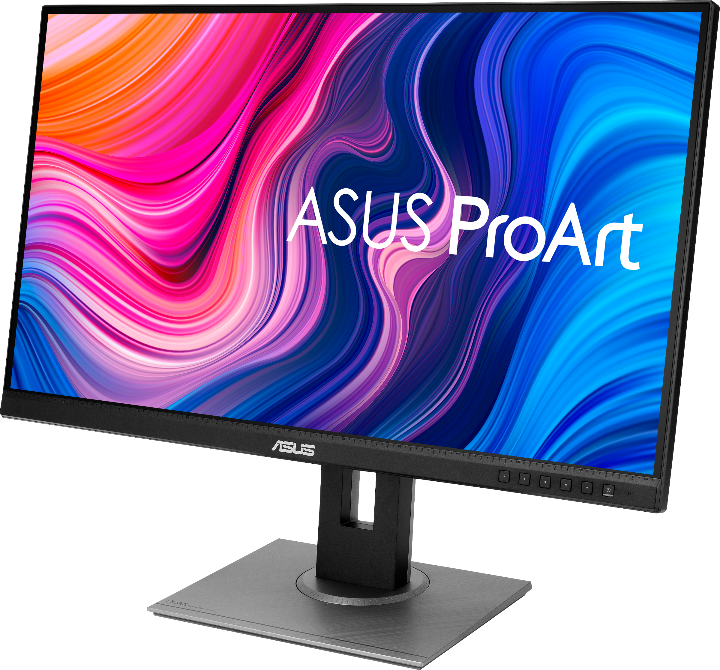 Ein schwarzer Monitor mit einem Bildschirm, der farbenfrohe abstrakte Kunst zeigt. Die Marke ASUS ProArt ist sichtbar.