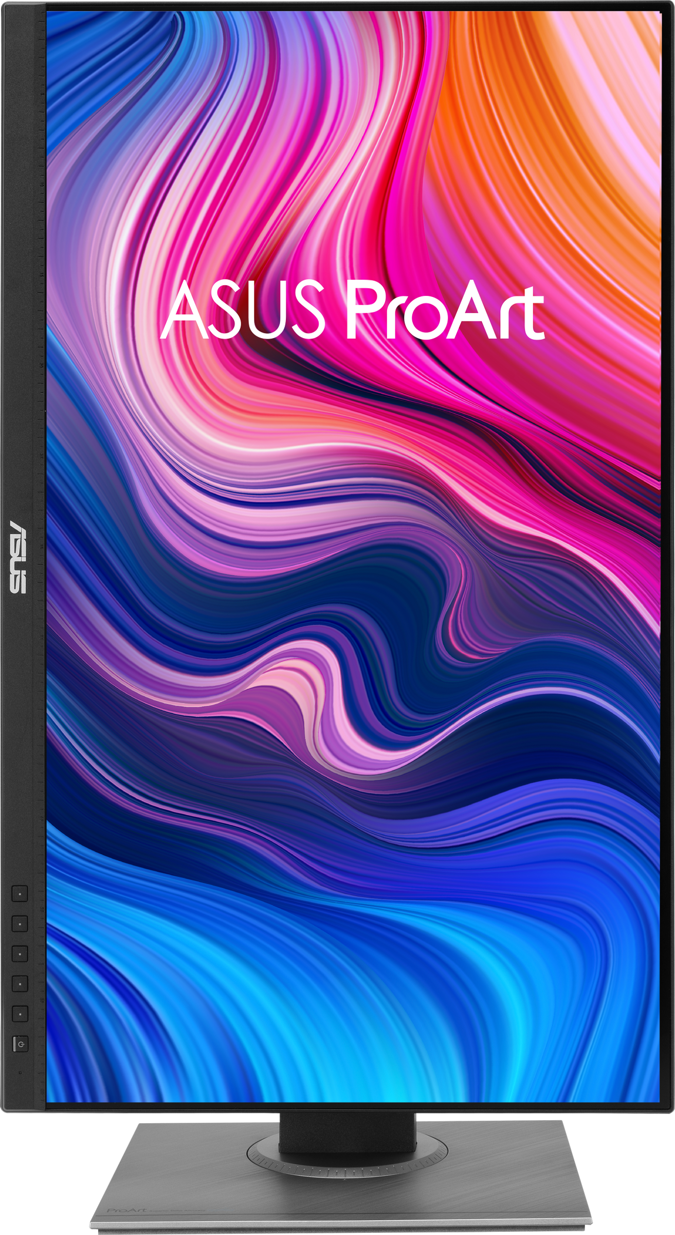 Asus ProArt Monitor, schwarzer Rahmen, bunter abstrakter Hintergrund, in einem Studio.