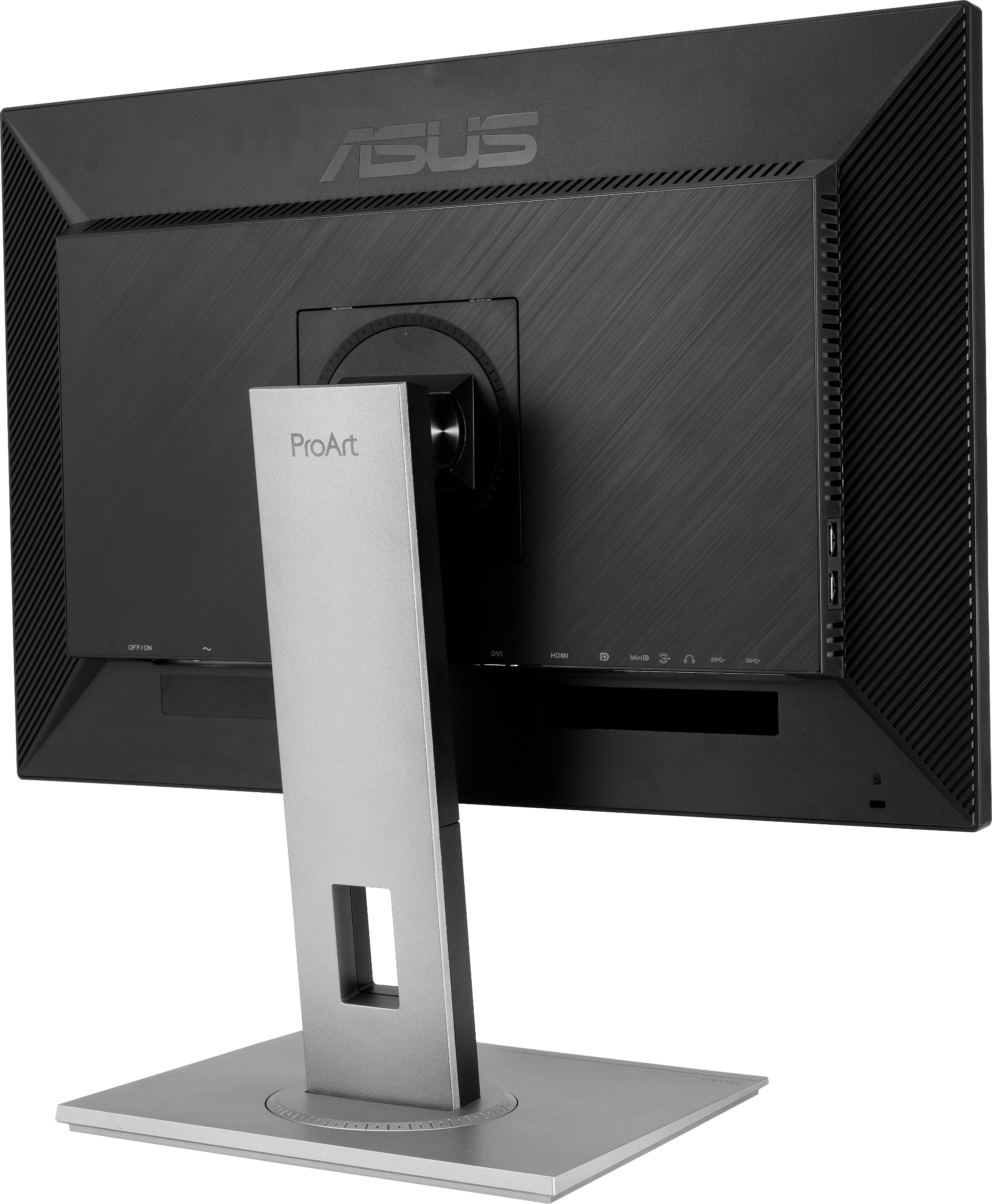 Die Rückseite eines ASUS ProArt-Monitors mit silbernem Ständer, schwarzen Details und Anschlüssen.