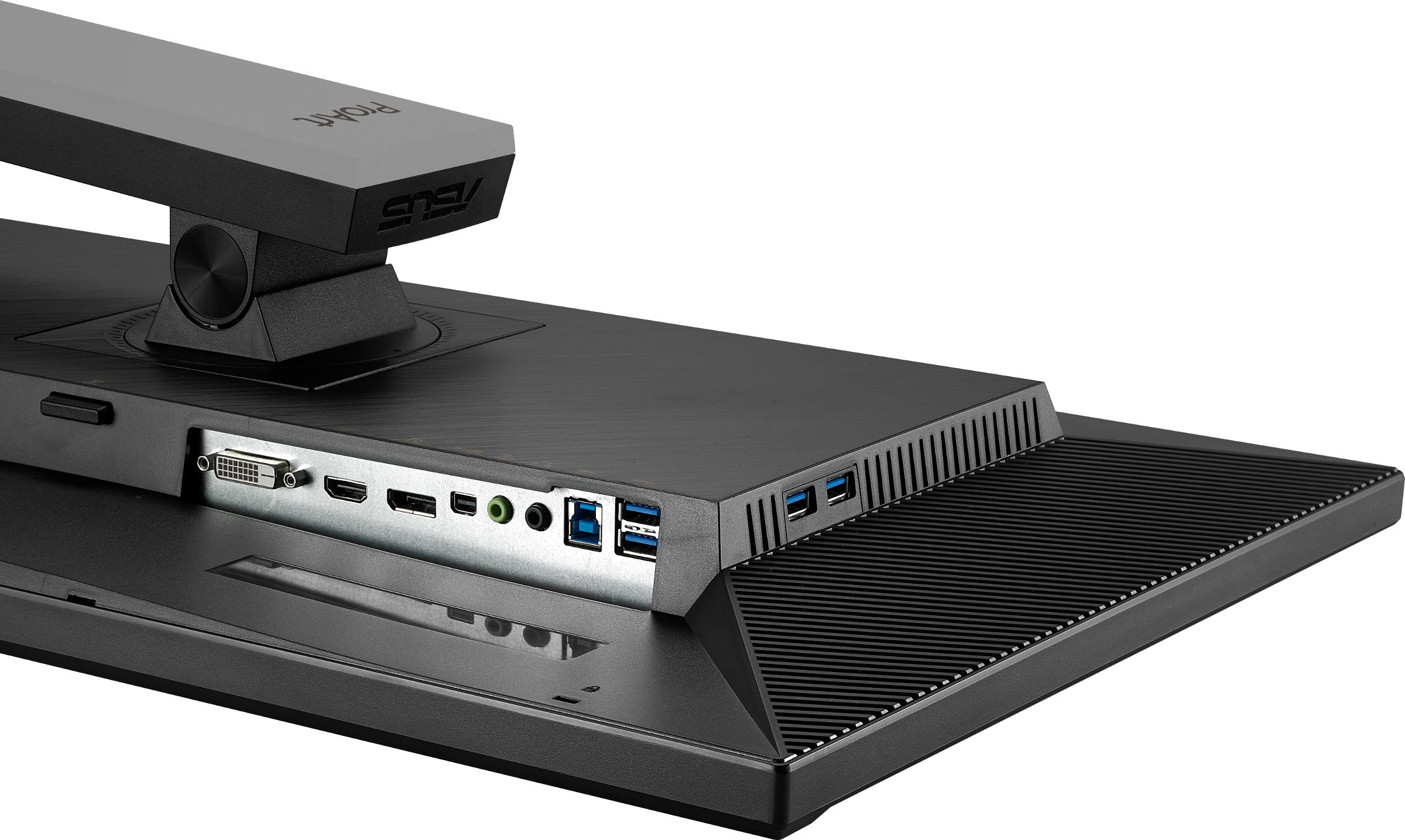 Rückseite eines schwarzen Monitors mit Anschlüssen und Verbindungen. 'ASUS' und andere Etiketten sichtbar.