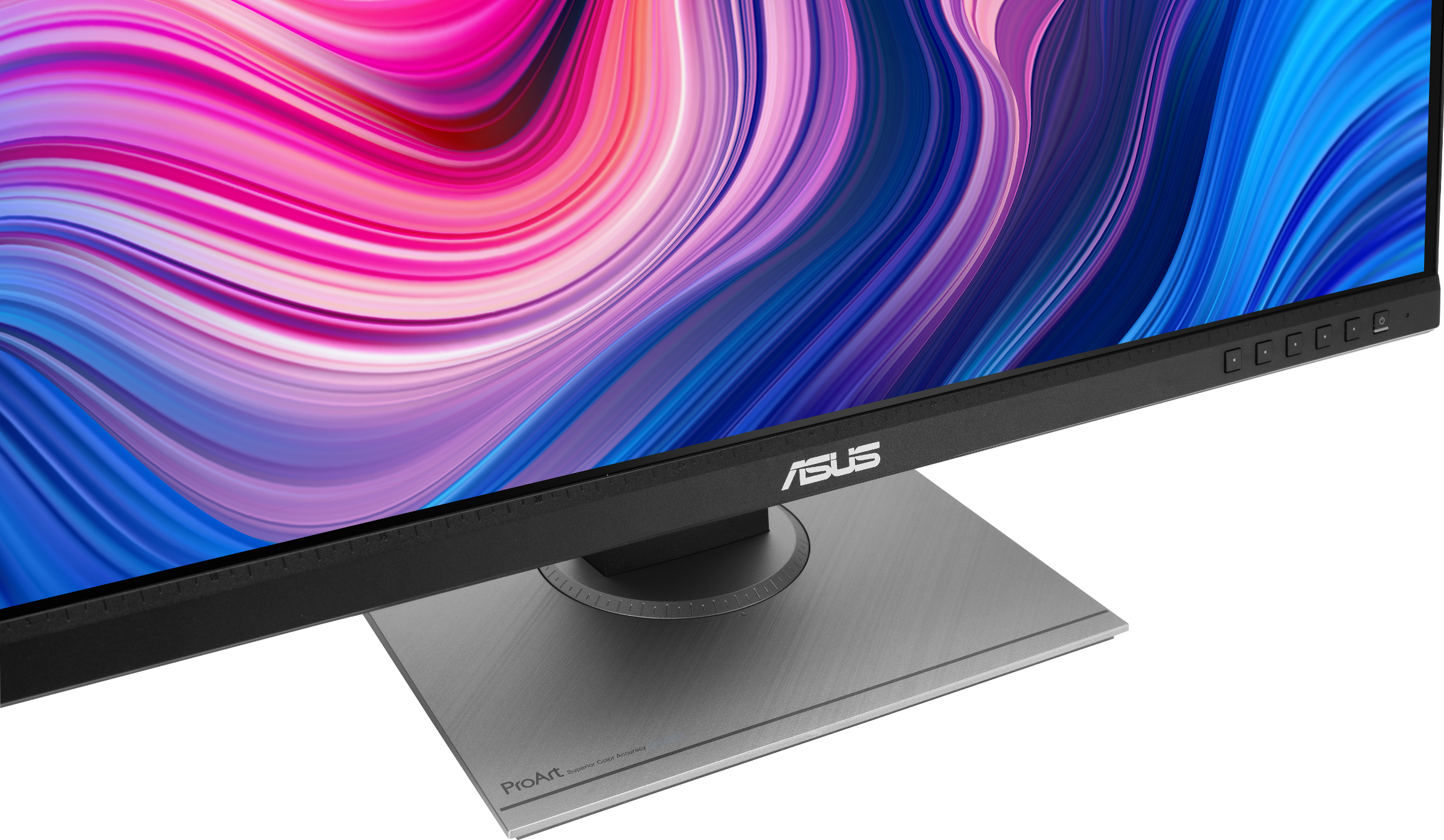 Asus-Monitor mit schwarzem Rahmen und silbernem Ständer. Der Bildschirm zeigt bunte abstrakte Kunst.