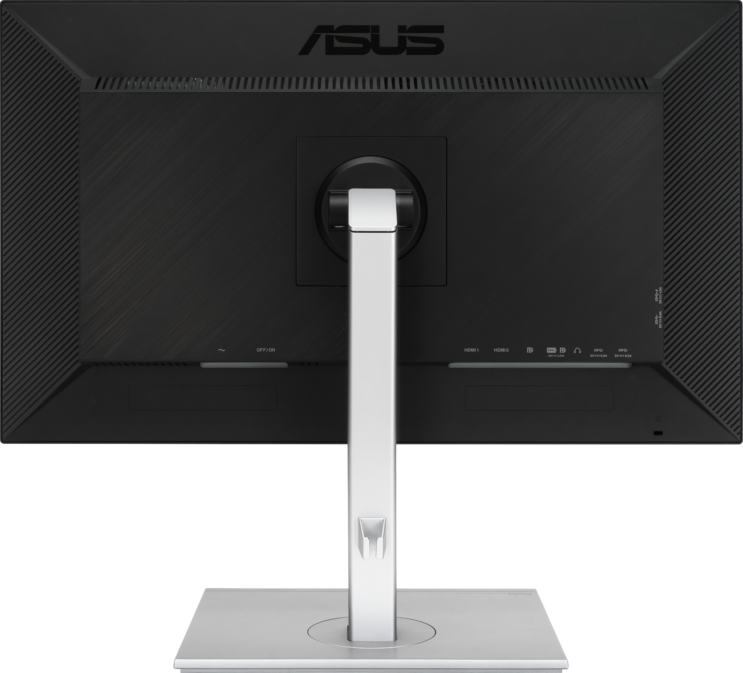 Rückansicht eines schwarzen Monitors. Er hat Anschlüsse und einen Ständer. Das ASUS-Logo ist oben.