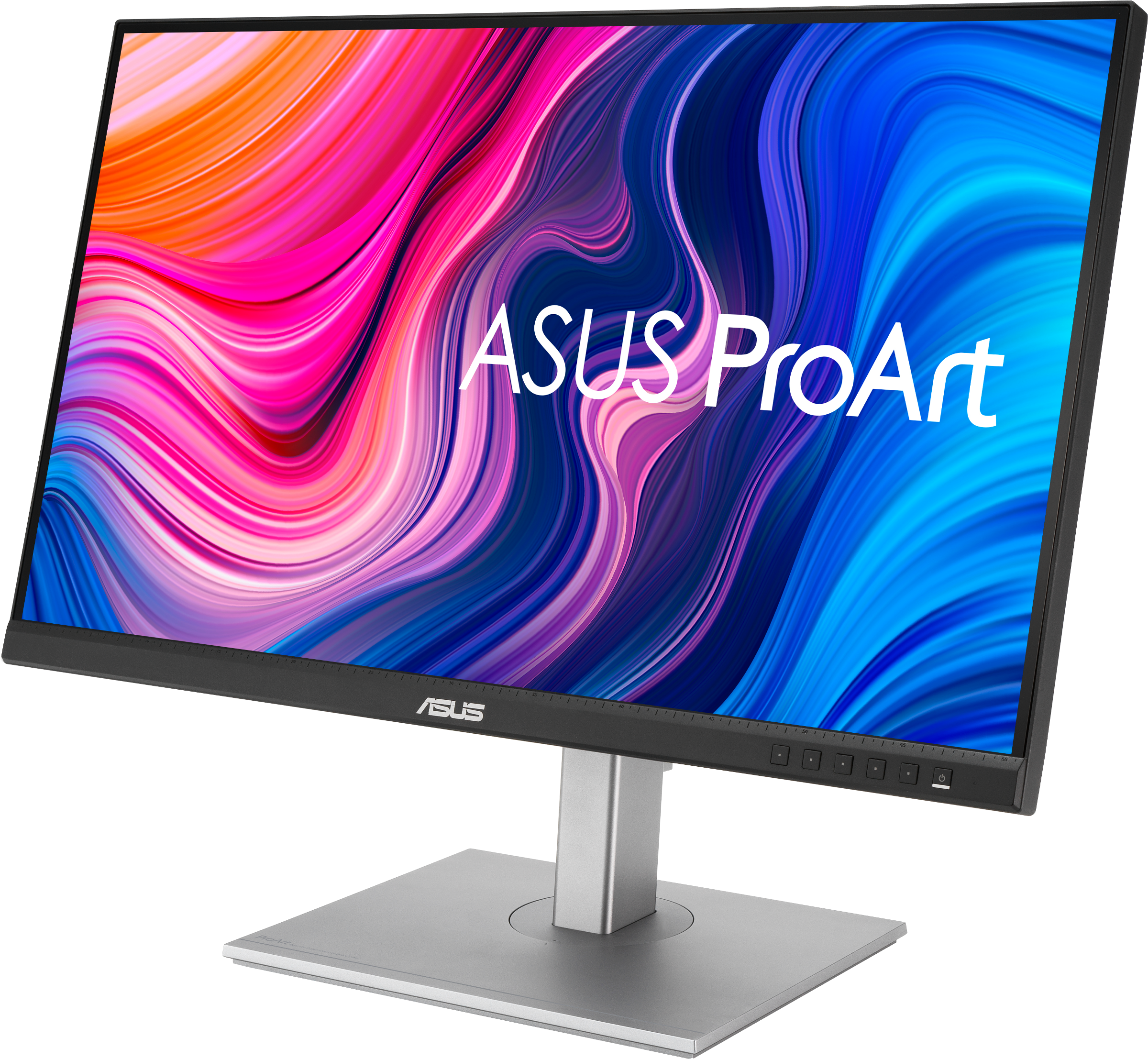 ASUS ProArt Monitor mit farbenfroher, abstrakter Anzeige. Der Monitor hat einen silbernen Ständer und einen schwarzen Rahmen.