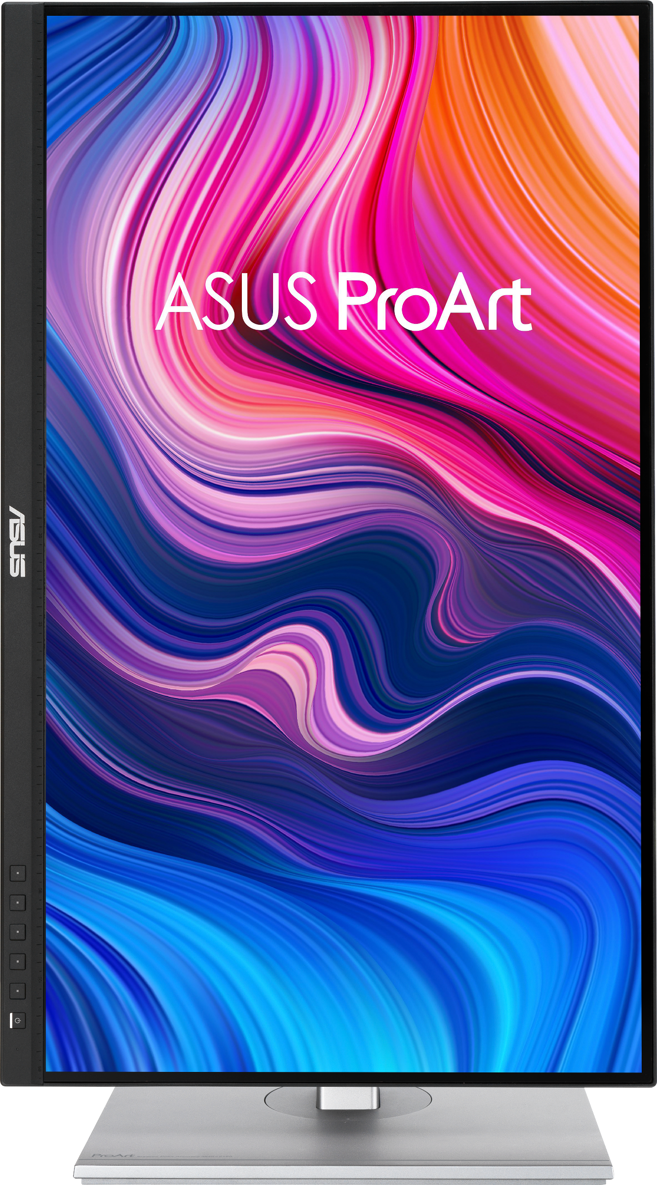 ASUS ProArt Monitor, Vorderansicht, Display mit farbenfroher abstrakter Kunst mit silbernem Ständer.