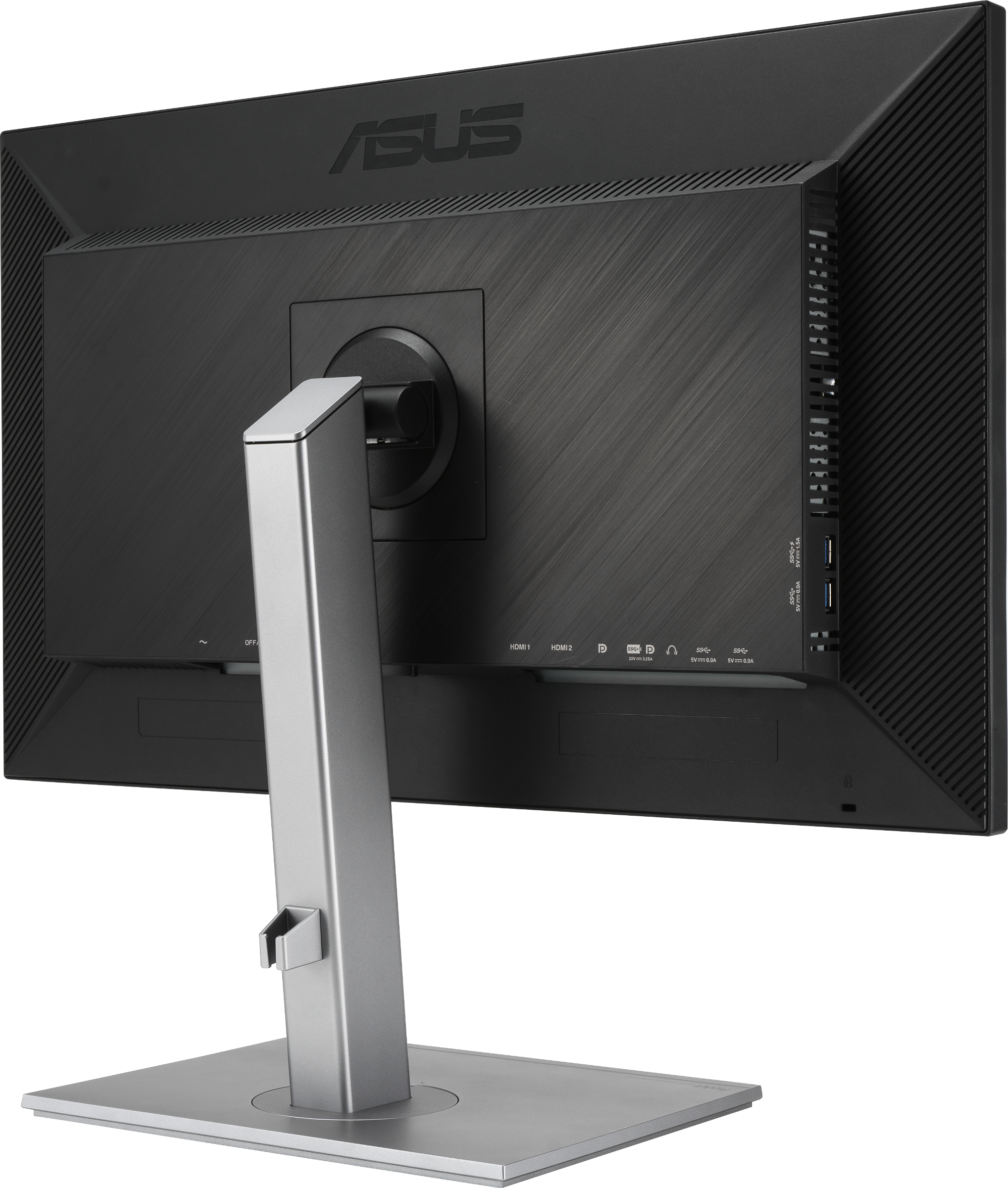 Rückansicht eines ASUS ProArt-Monitors mit Anschlüssen und Ständer, auf schwarzem Hintergrund.