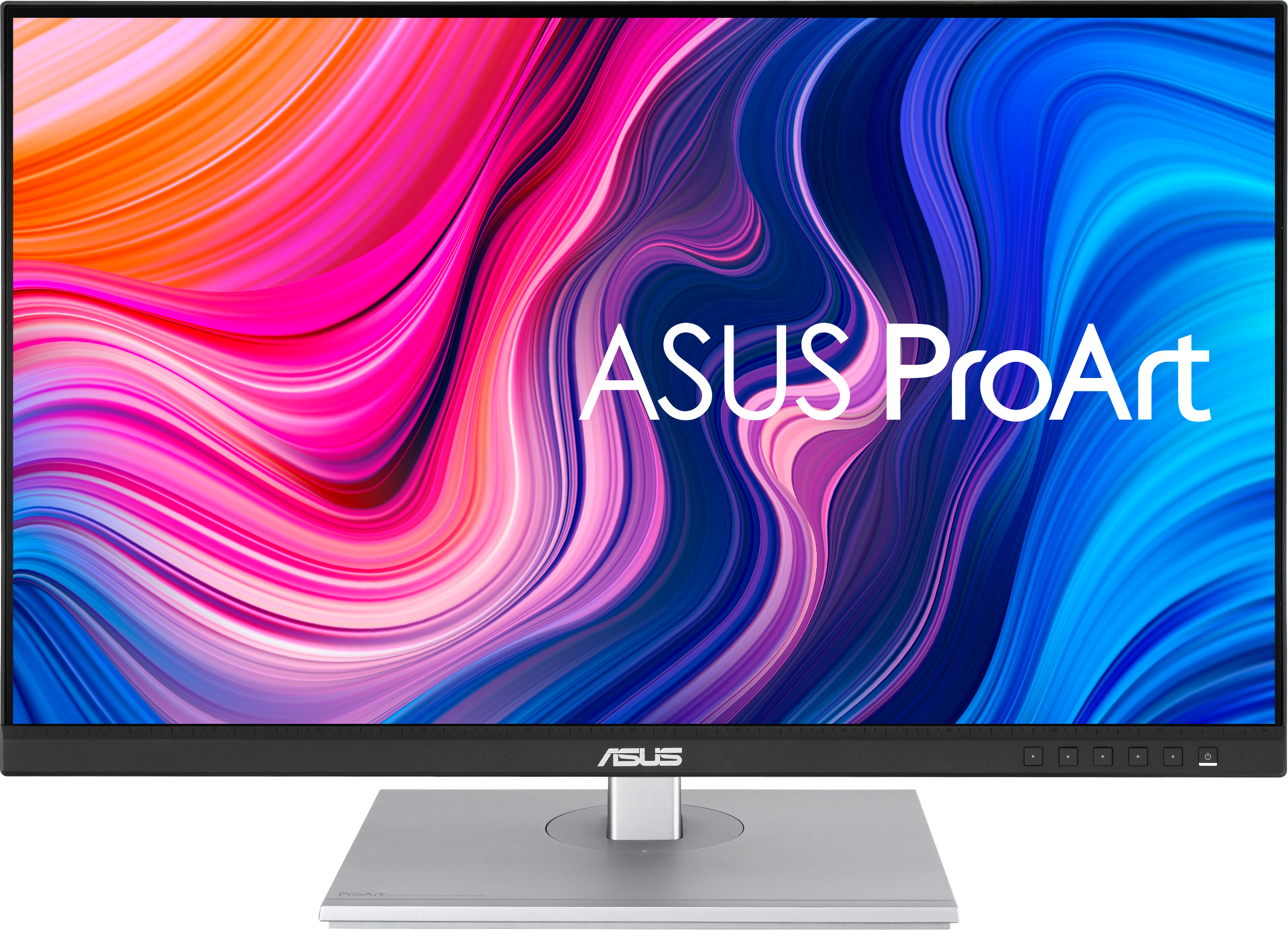 Ein ASUS ProArt Monitor mit buntem, abstrakten Hintergrund.