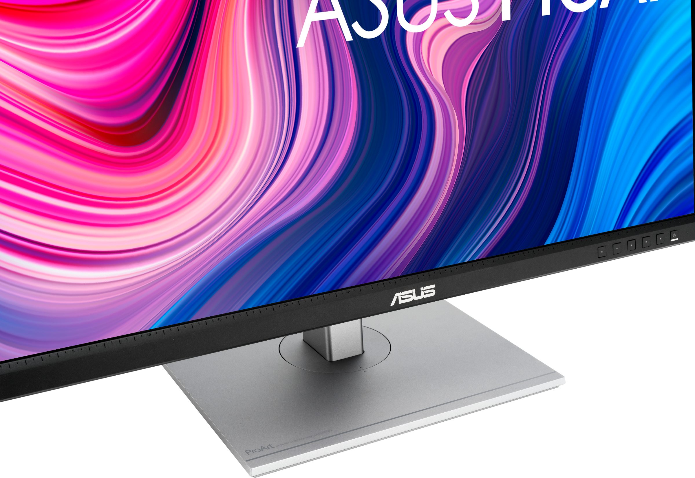 Ein ASUS-Monitor mit silbernem Sockel und buntem, abstraktem Hintergrund auf dem Bildschirm.