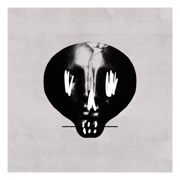 Illustration en noir et blanc d'un crâne avec des marques blanches sur fond gris.