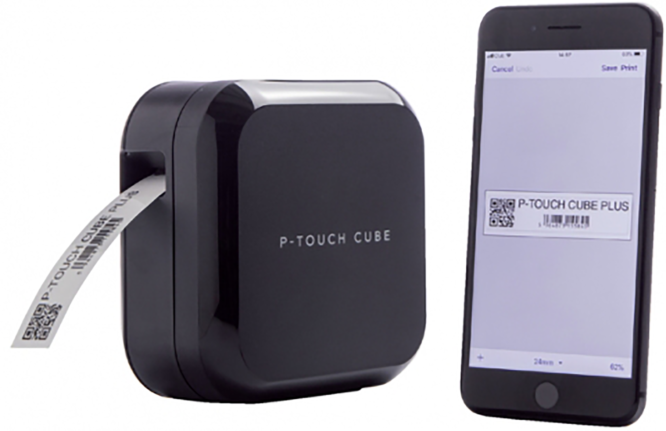 Black P-Touch Cube label maker next to a smartphone displaying a label with a QR code.