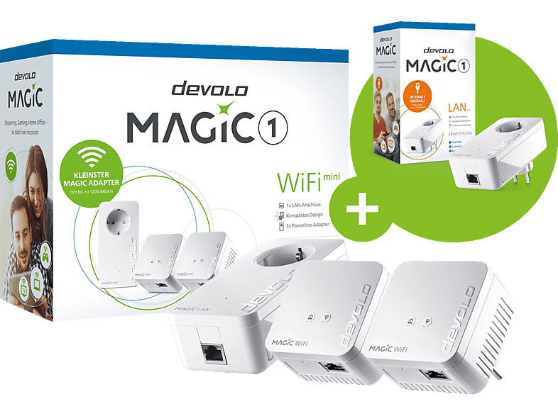 DEVOLO Magic 1 WiFi Mini Multiroom Kit + Magic 1 LAN Powerline Adapter 1200 Mbit/s Kabellos und Kabelgebunden